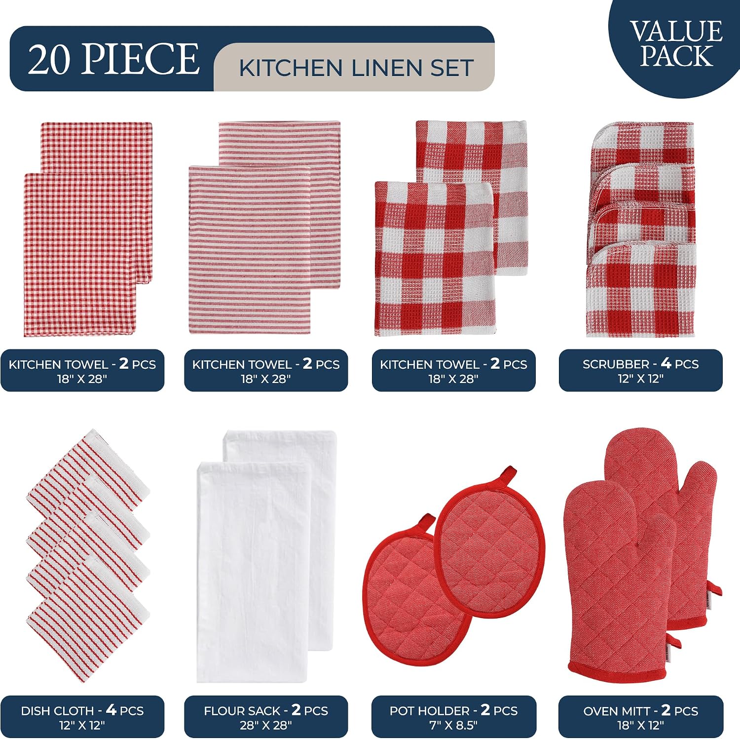 LANE LINEN Cotton Kitchen Towels and Dishcloths 20 Pack - Large Dish Towels Set for Holiday Hosting, Fast Drying Dish