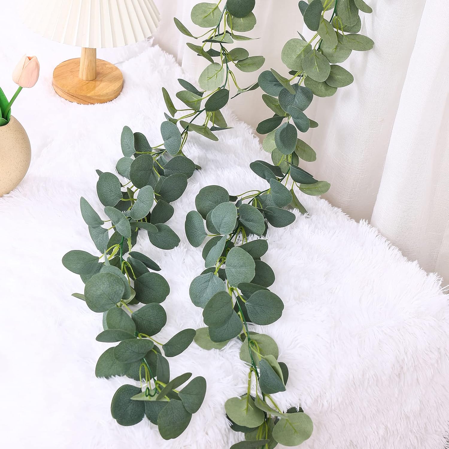 Artificial Eucalyptus Garland Faux Silk Leaf Dollar Eucalyptus Leaves Vines / Silver / Set of 2