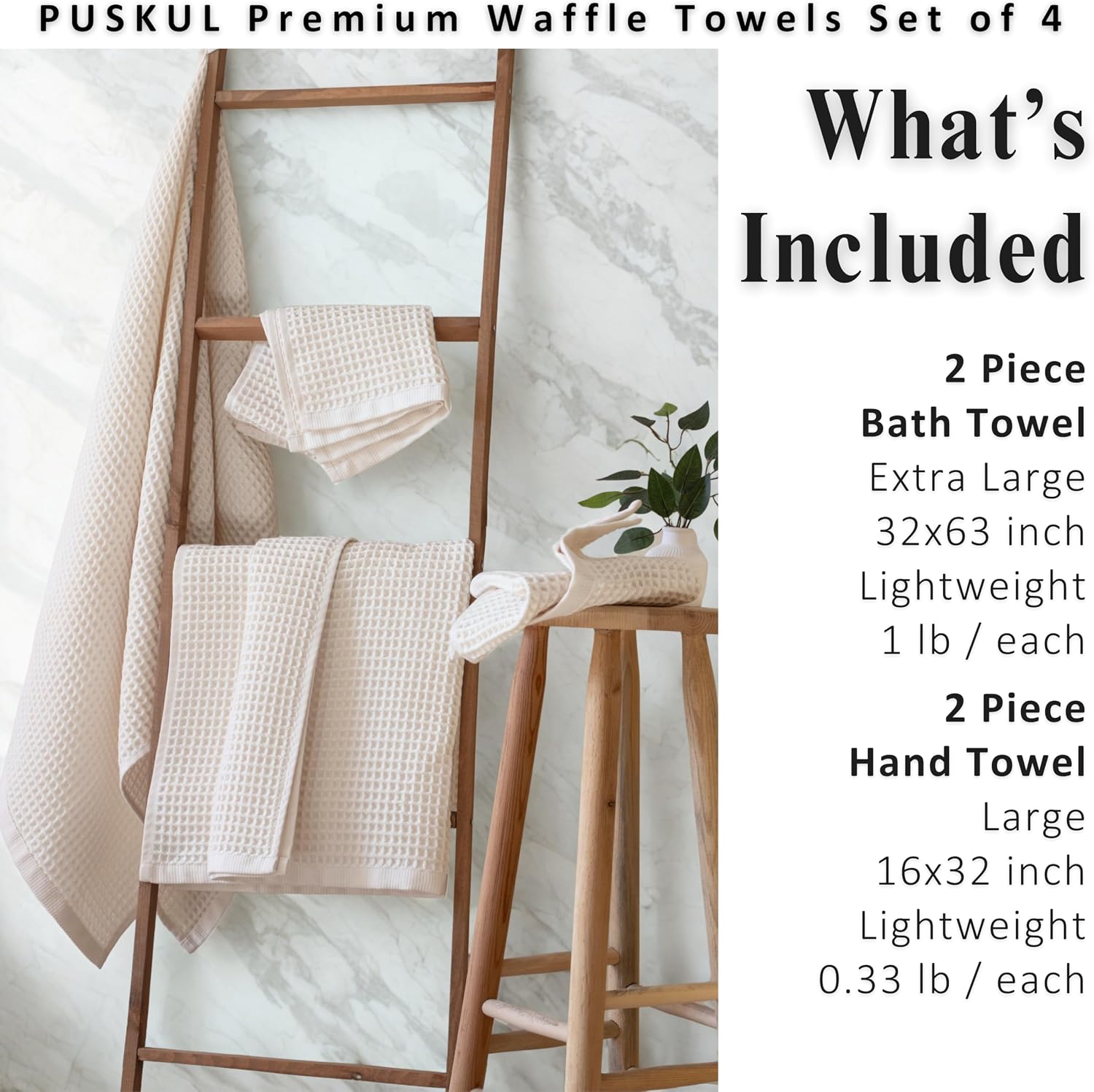 PÜSKÜL Raw-Undyed Natural 100% Turkish Cotton Waffle Towels Set of 4-Piece | 2-Bath sheet (Extra-large 32x63") and