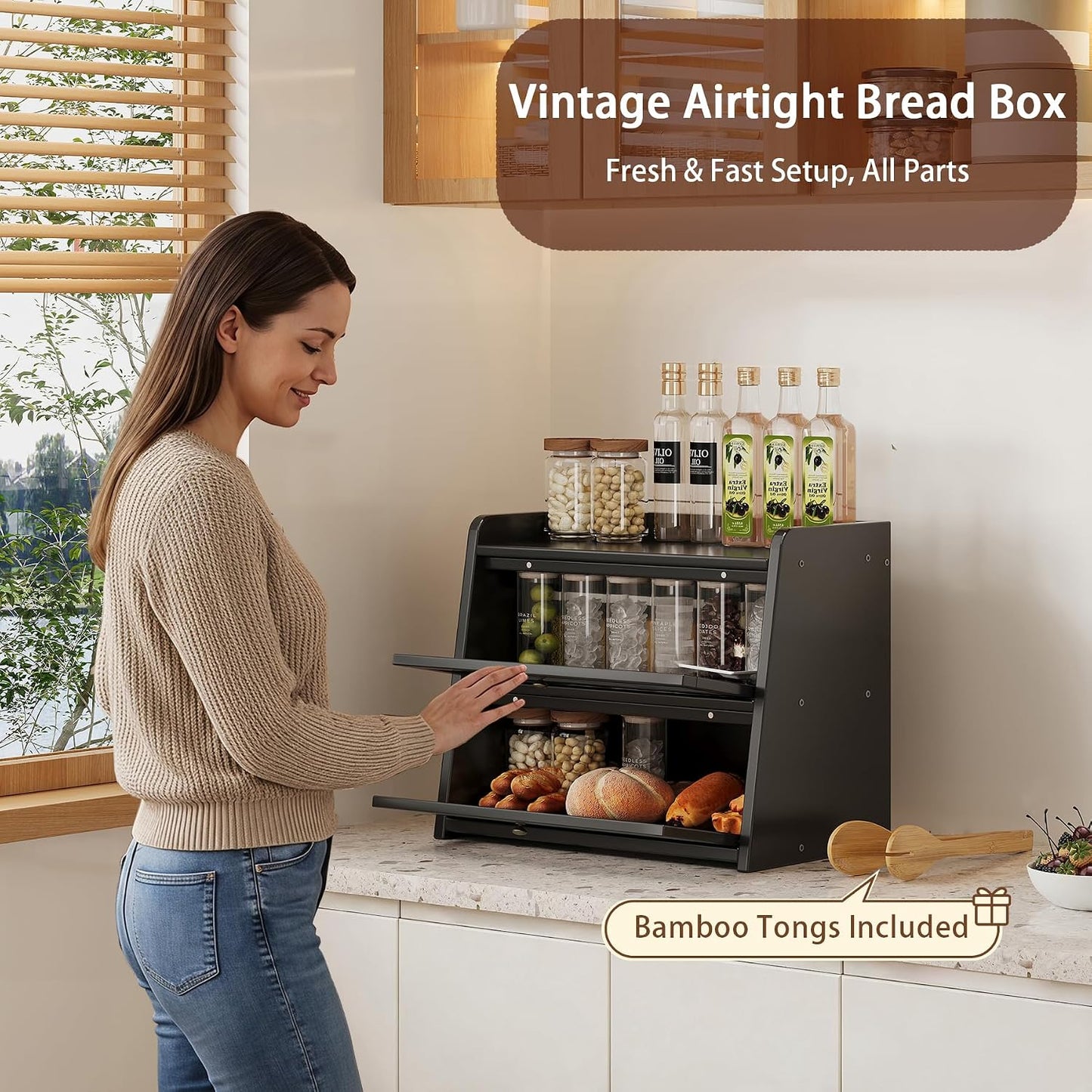 Double Layer Large Bamboo Bread Box for Kitchen Counter, Wooden Large Capacity Bread Storage Bin with Window Bread
