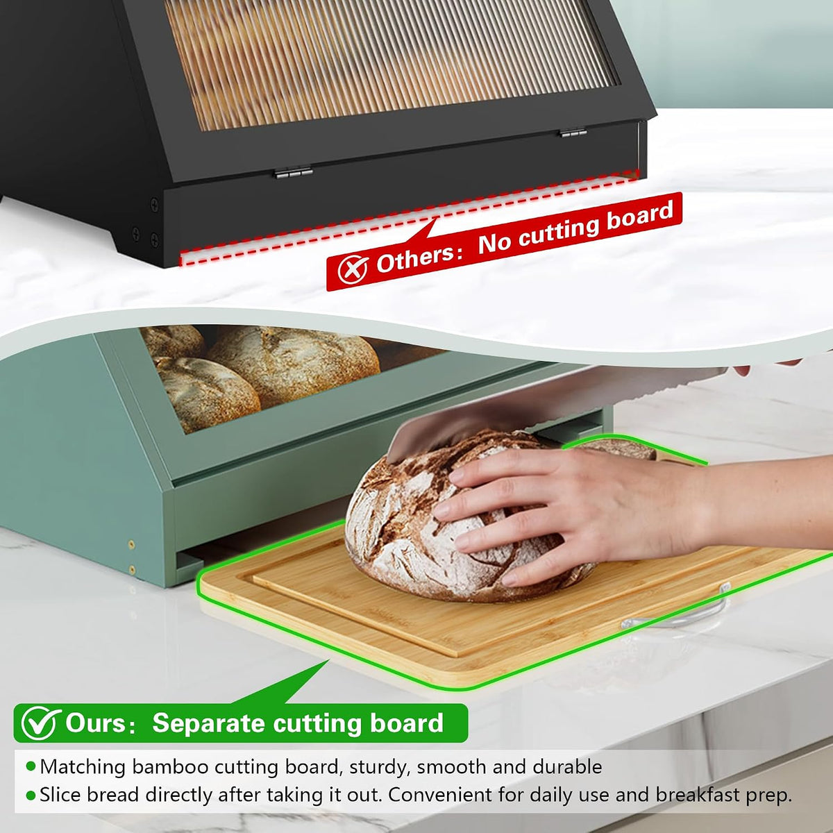 HOLTICO Roll Top Bamboo Bread Box with Cutting Board for Kitchen, Green | 2-Tier Large Wood Bread Bin for Kitchen