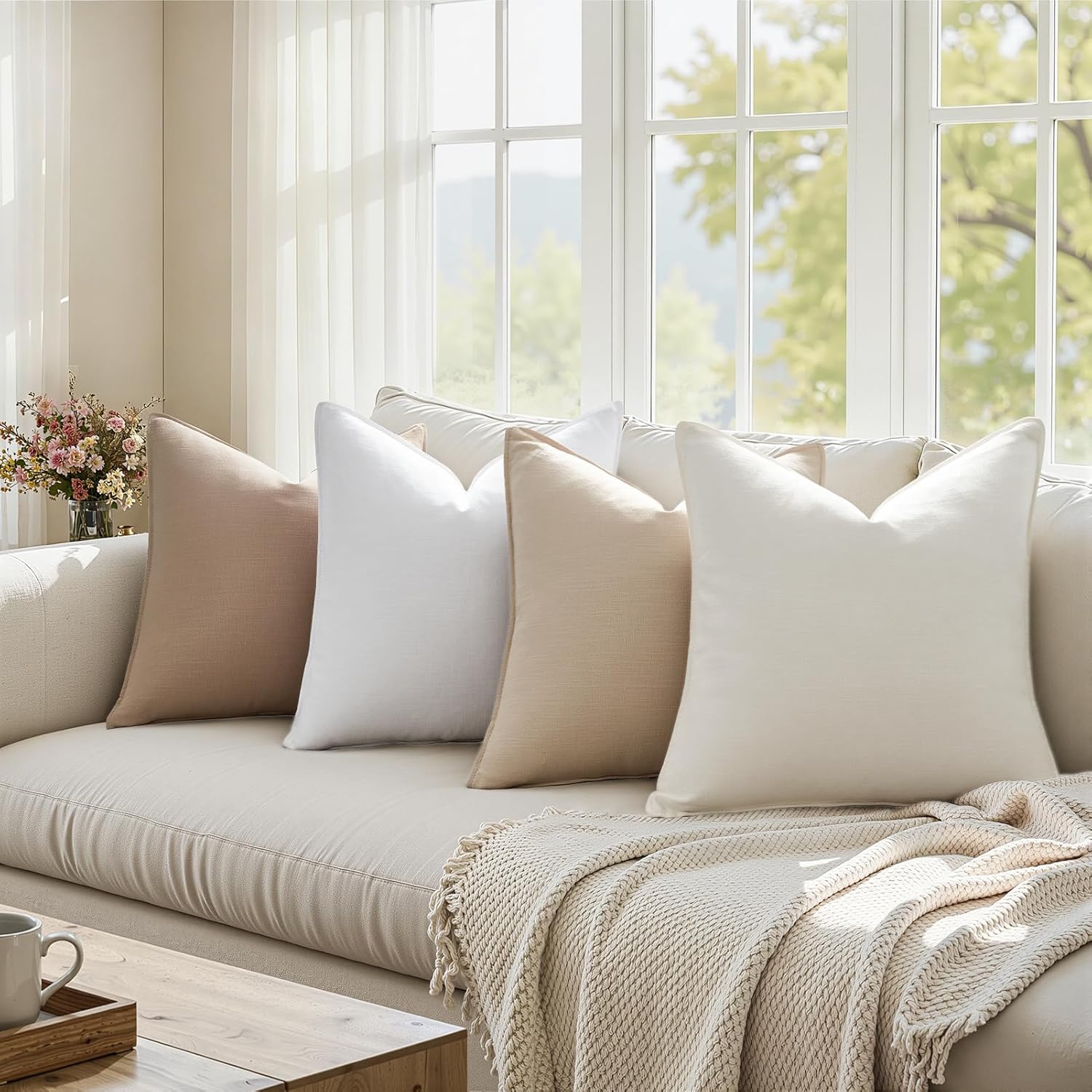 Linen and Cotton Decorative Throw Pillow Covers Soft Accent Farmhouse / Neutral / 20 x 20 / Set of 4