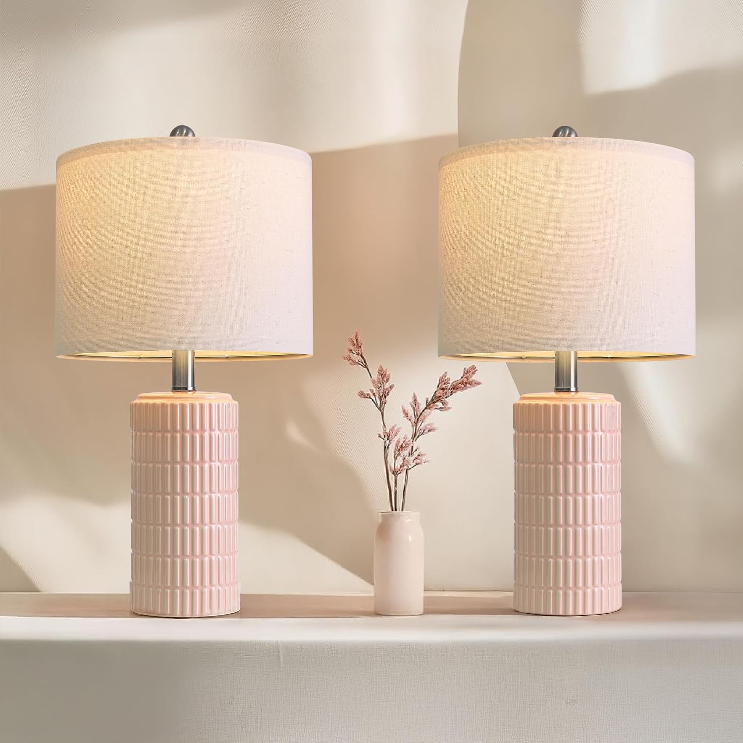 PoKat 20.75" Pink Ceramic Table Lamps Set of 2, Small Modern Bedroom Lamps for Girls Room, Bedside Lamps for Night