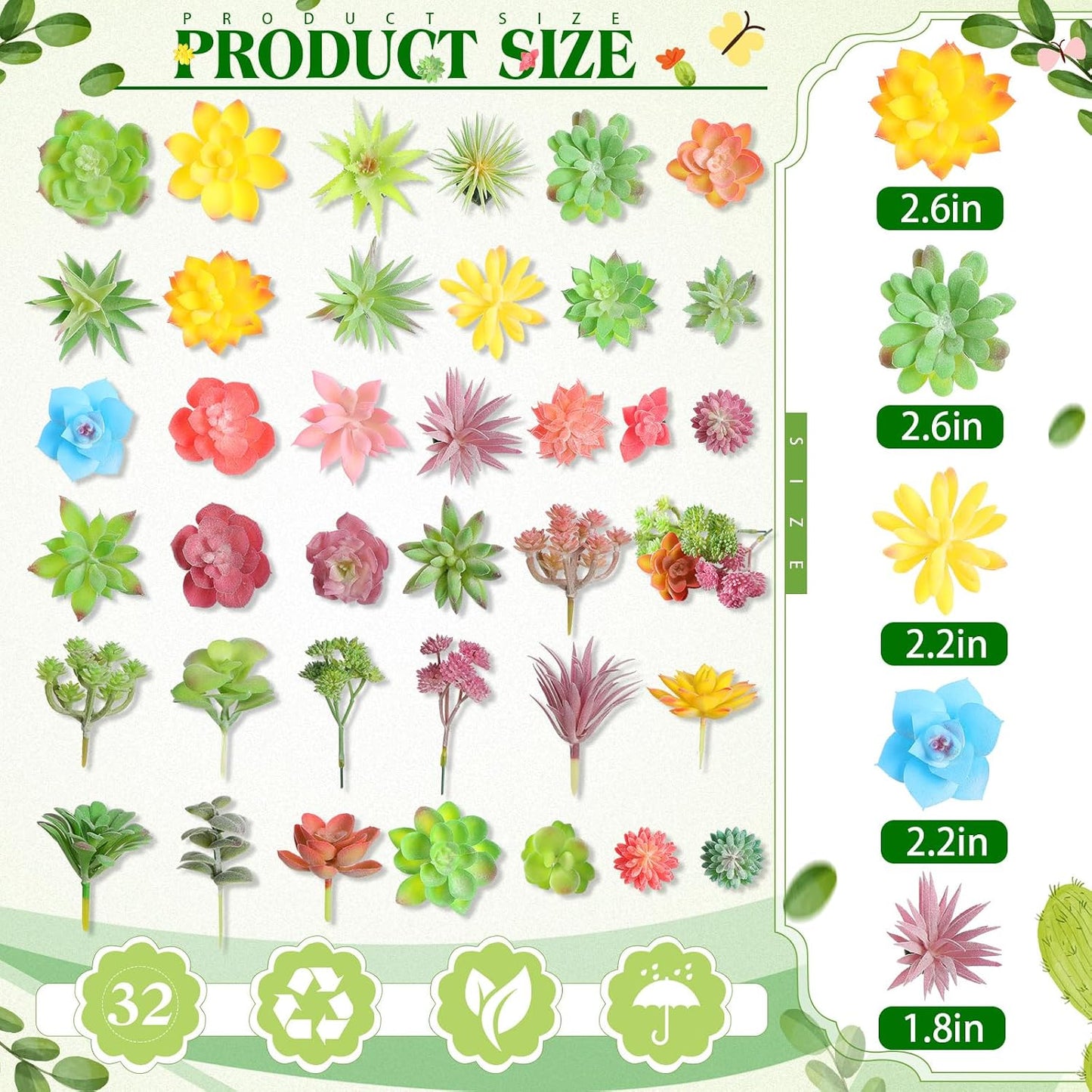 Mini Artificial Succulents Unpotted Realistic Colorful Faux Succulents Small Cactus / Set of 32