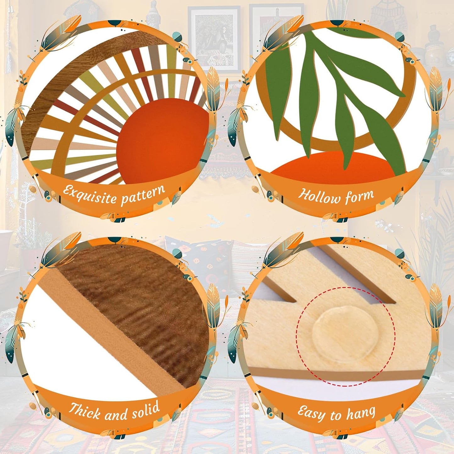 Boho Wall Decor Wooden Hollow Bobo Wall Art Bohemian Bedroom Decor / Rustic / 10 Inch / Set of 4