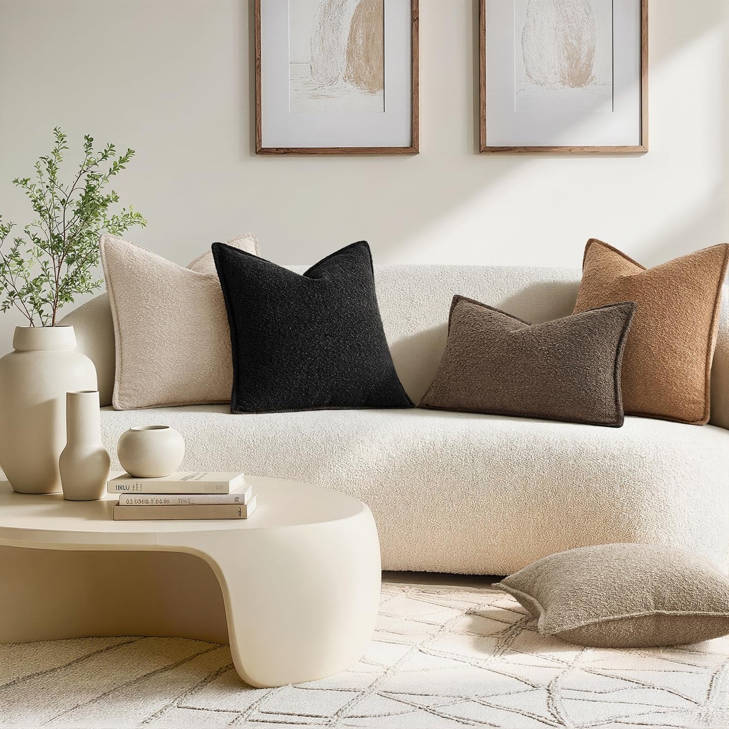 Decorative Textured Boucle Throw Pillow Covers Broadside Thick Boho / 18 x 18 / Black / Set of 2