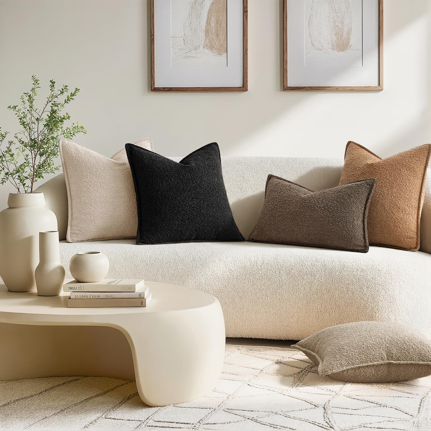 Decorative Textured Boucle Throw Pillow Covers Broadside Thick Boho / 18 x 18 / Black / Set of 2