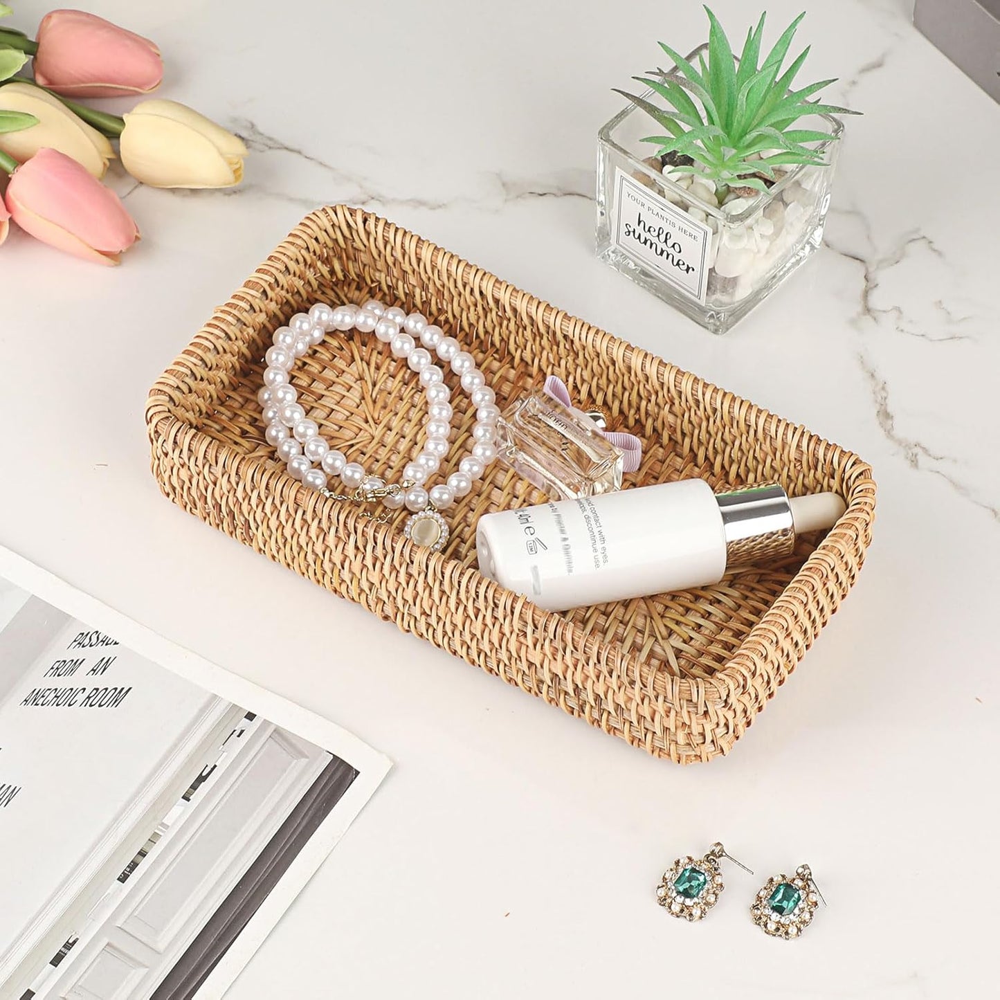 Key Basket for Entryway Table Natural Rattan Serving Tray Small / 8.3 x 4.7 x 1.6 / Natural Color