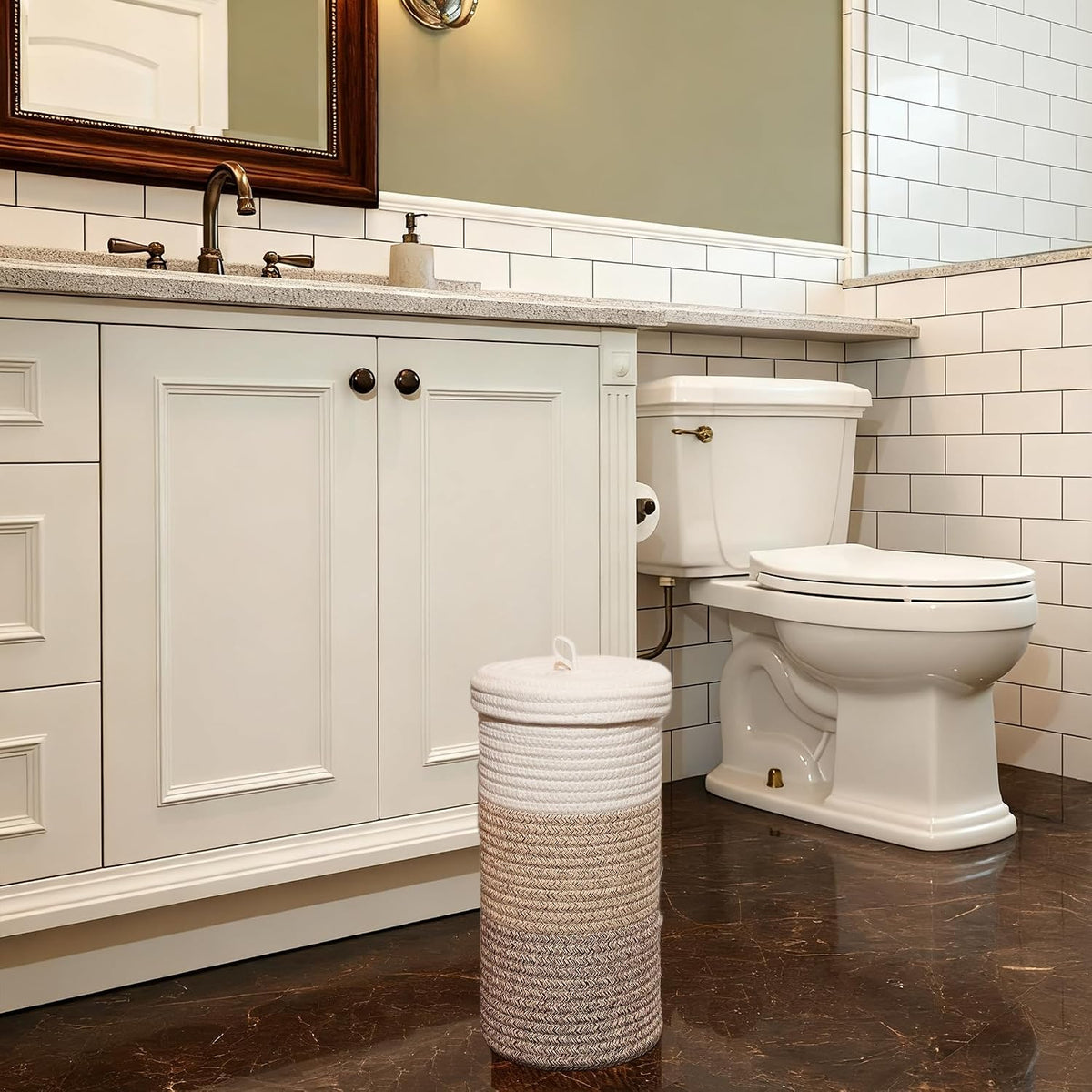 Toilet Paper Holder Handmade – Woven Cotton Toilet Paper Stand & Storage Basket with Lid, Freestanding Organizer for