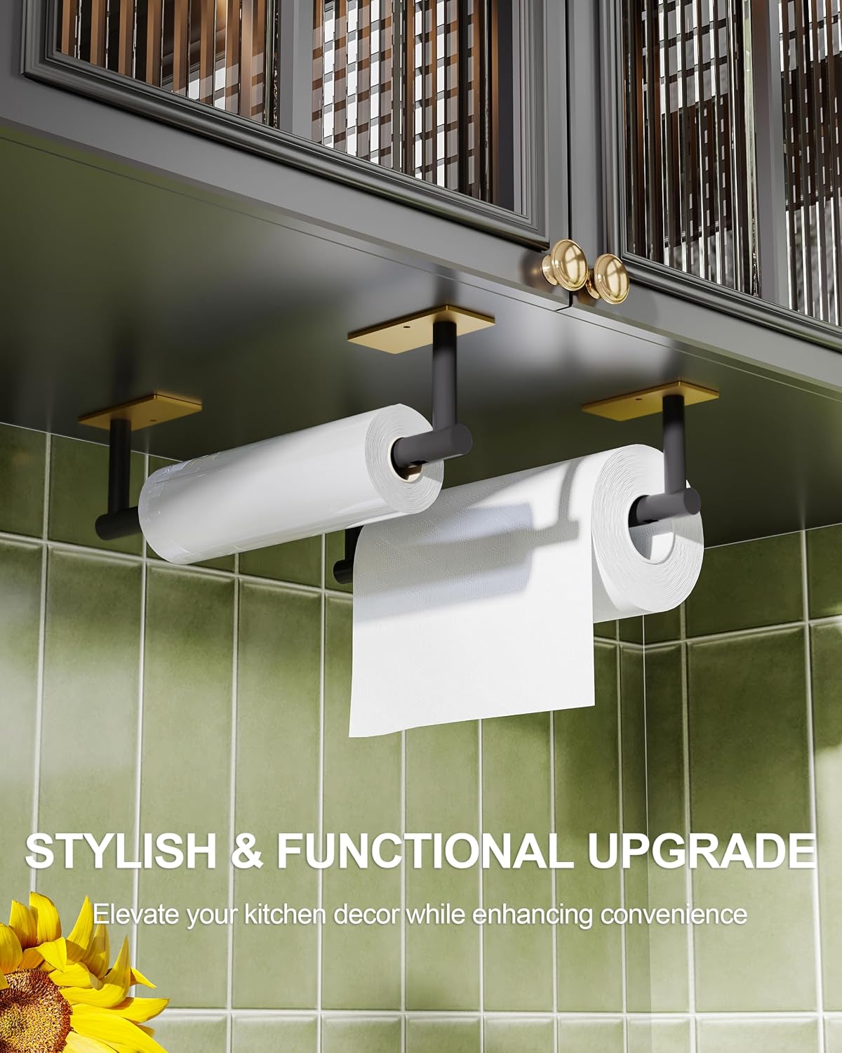 Paper Towel Holder Under Cabinet Self Adhesive Black & Gold | 304 Stainless Steel Post Pivoting Design Wall Mounted &