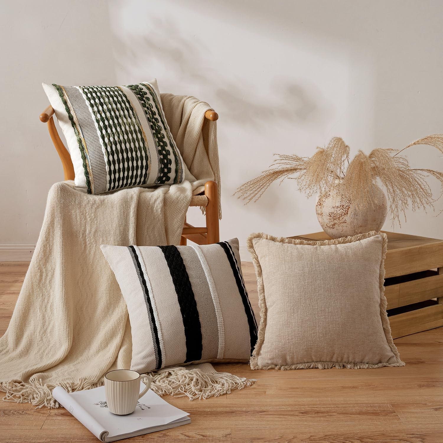 Boho Decorative Throw Pillow Covers Farmhouse Cushion Case / Olive Green Stripe / 18 x 18 / Set of 2