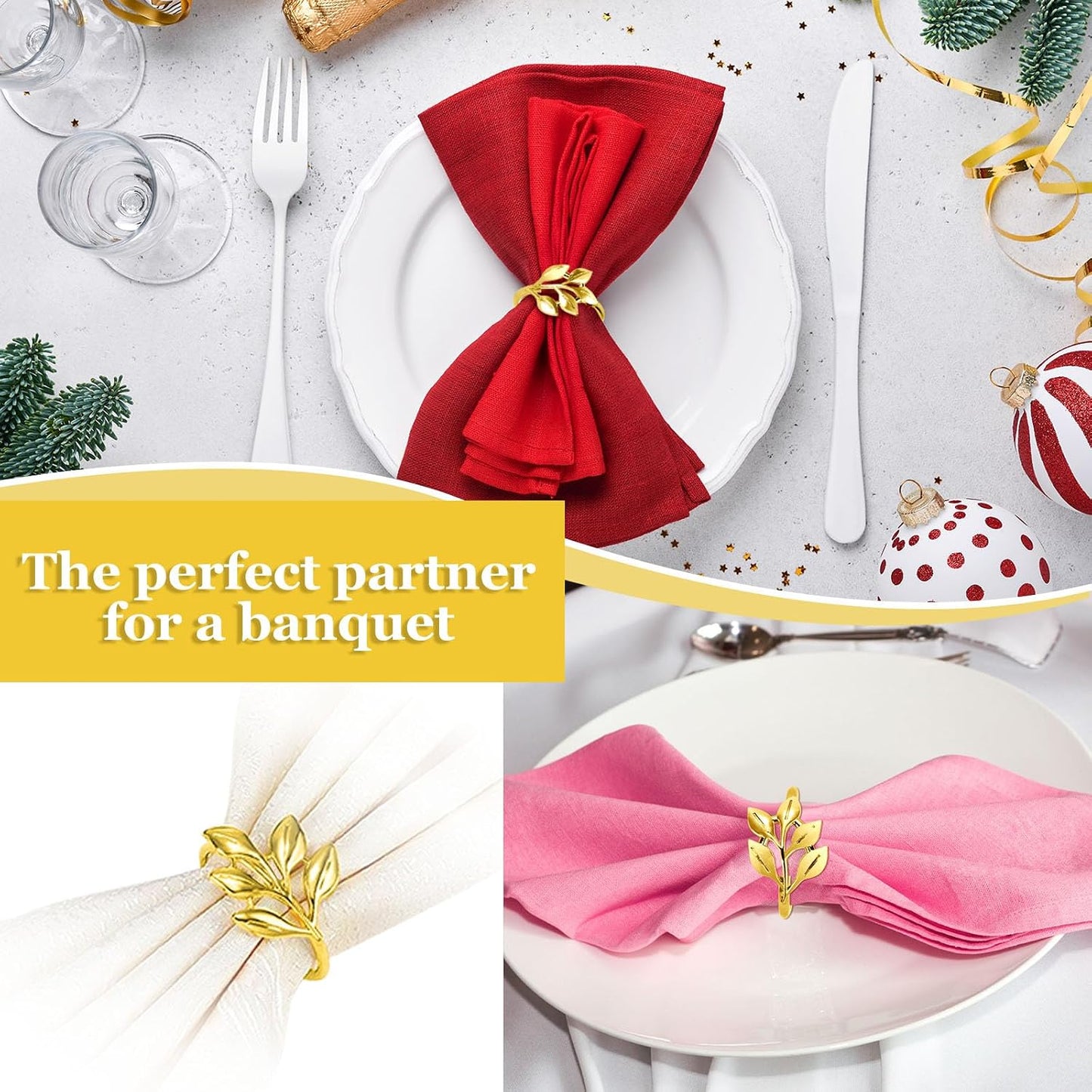 50 Pcs Gold Leaf Napkin Rings Set, Metal Napkin Ring Holders Buckles for Table Decorations, Napkin Holders for Cloth