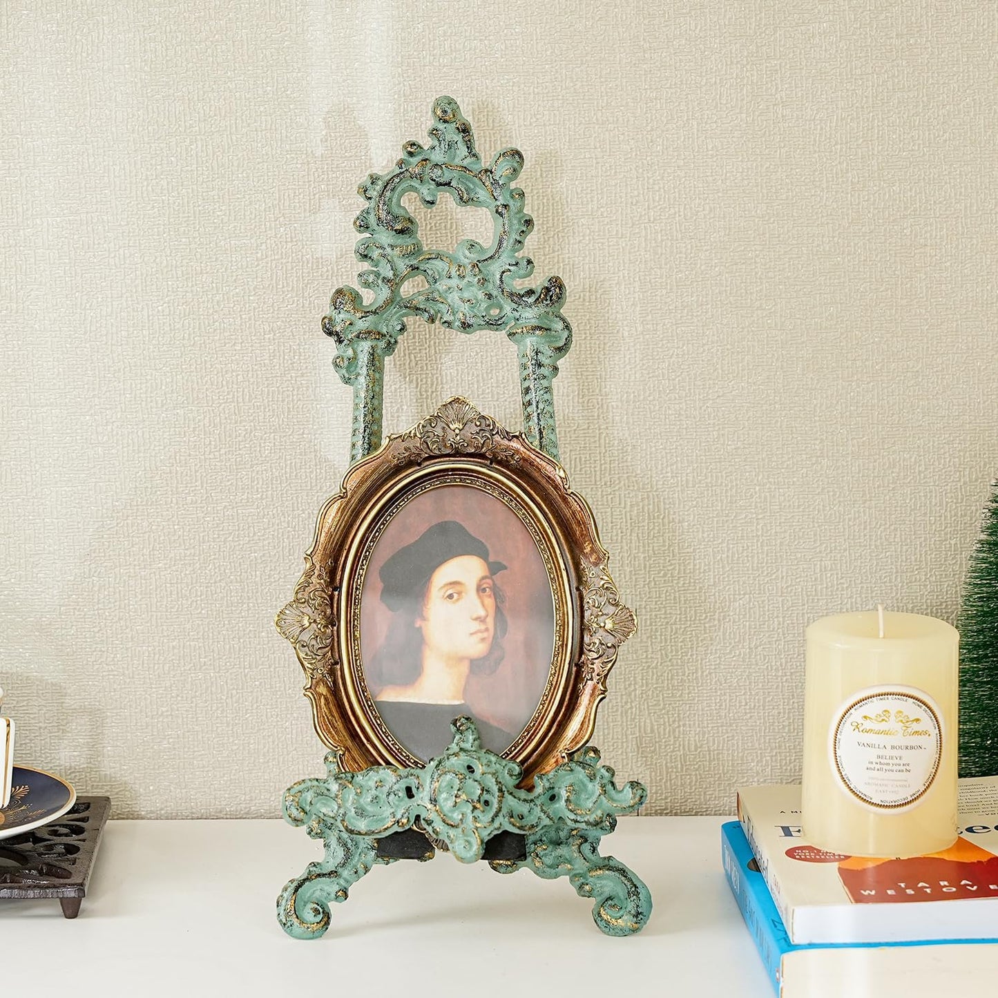 Sungmor Vintage Cast Iron Cookbook Stand, 15.5 Inches Tall Antique Green | Small Ornate Easel Fleur De Lis Stand,Table