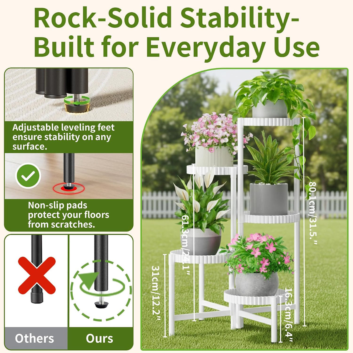 5 Tier Large Plant Stand Indoor with 7.9 Inch Wide Tray, Tiered Corner Metal Outdoor Flower Display Holder Shelf