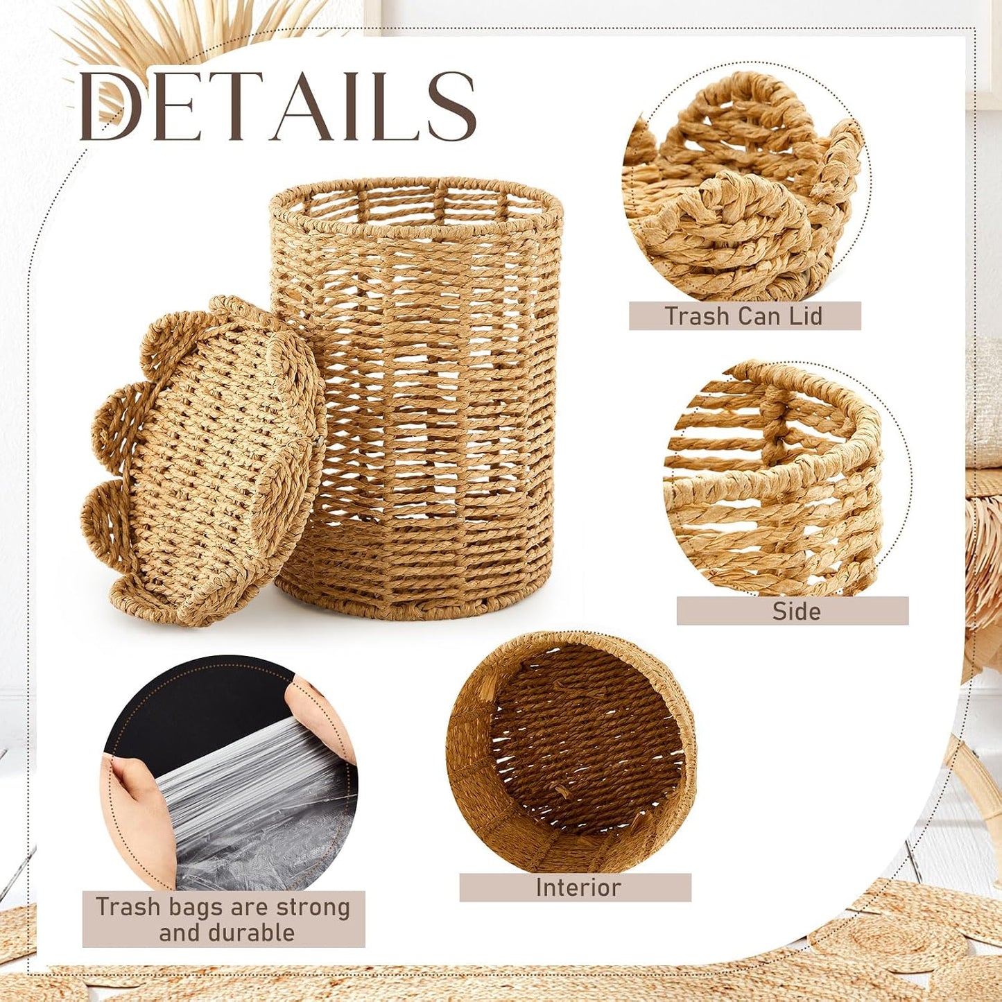 Lid Handle Woven Wicker Rattan Bathroom Waste Basket Boho / Scalloped Style / Natural / 1.3 Gallons