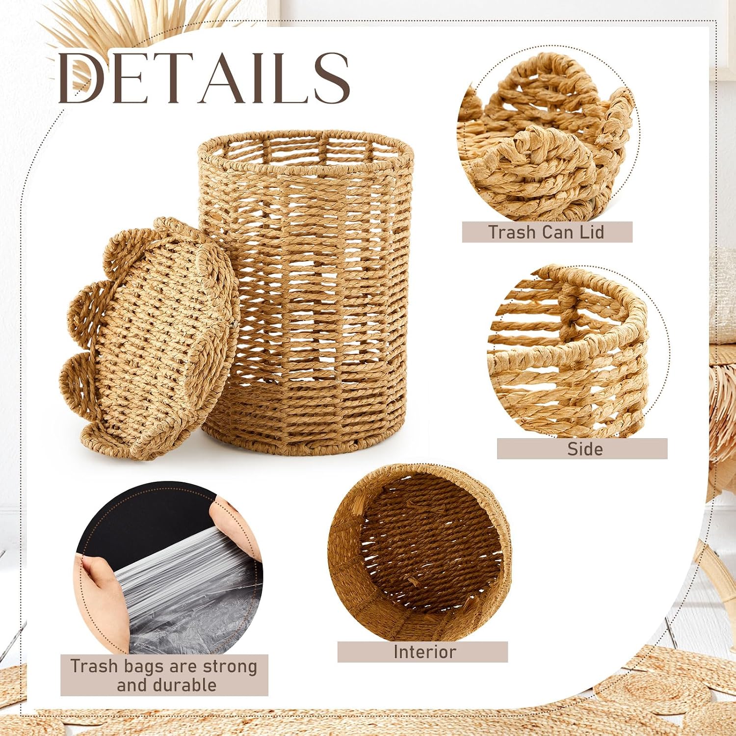 Lid Handle Woven Wicker Rattan Bathroom Waste Basket Boho / Scalloped Style / Natural / 1.3 Gallons