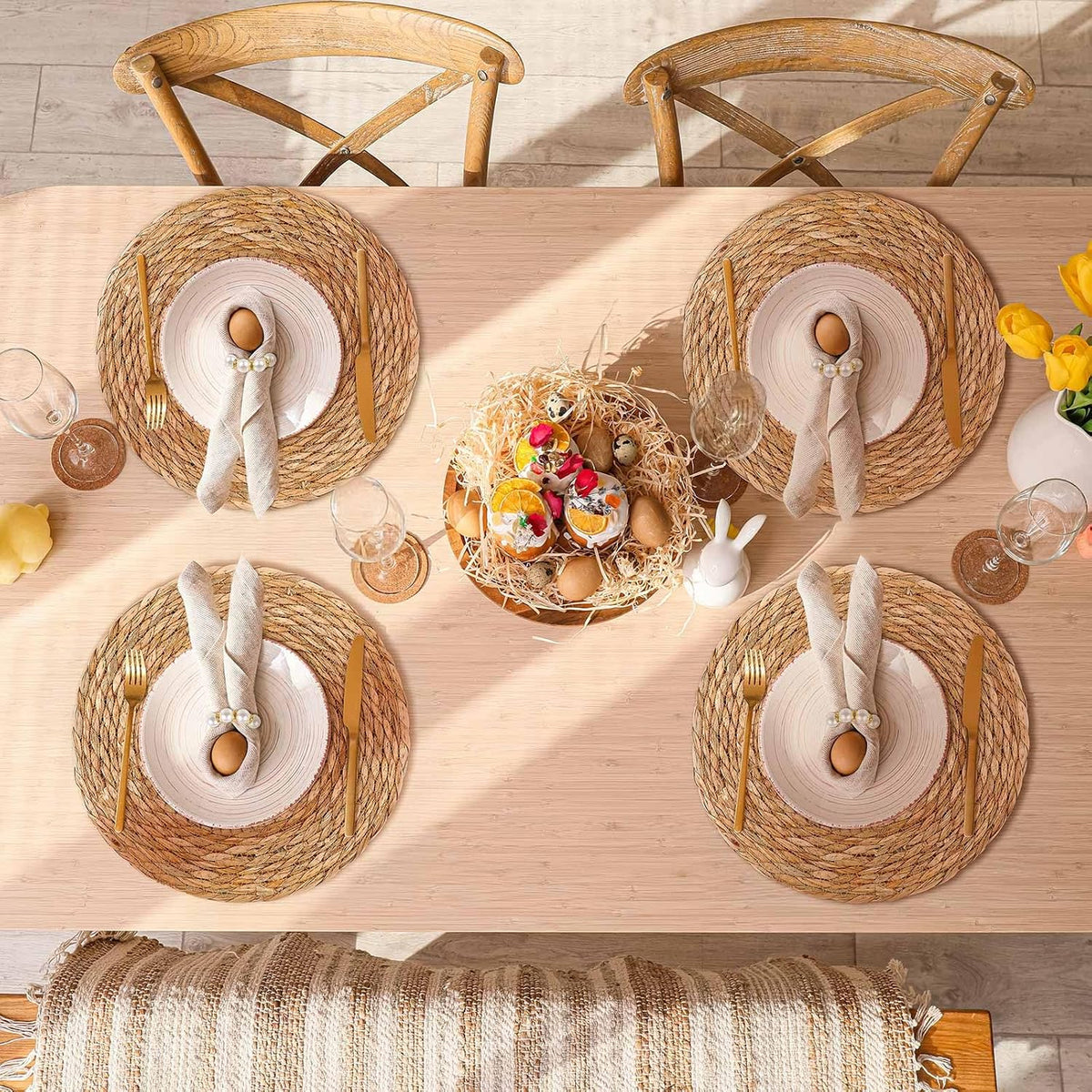 30 Pcs Cattail Round Woven Placemats Set, Cattail Placemats with Pearl Napkin Rings Boho Farmhouse Rustic Woven