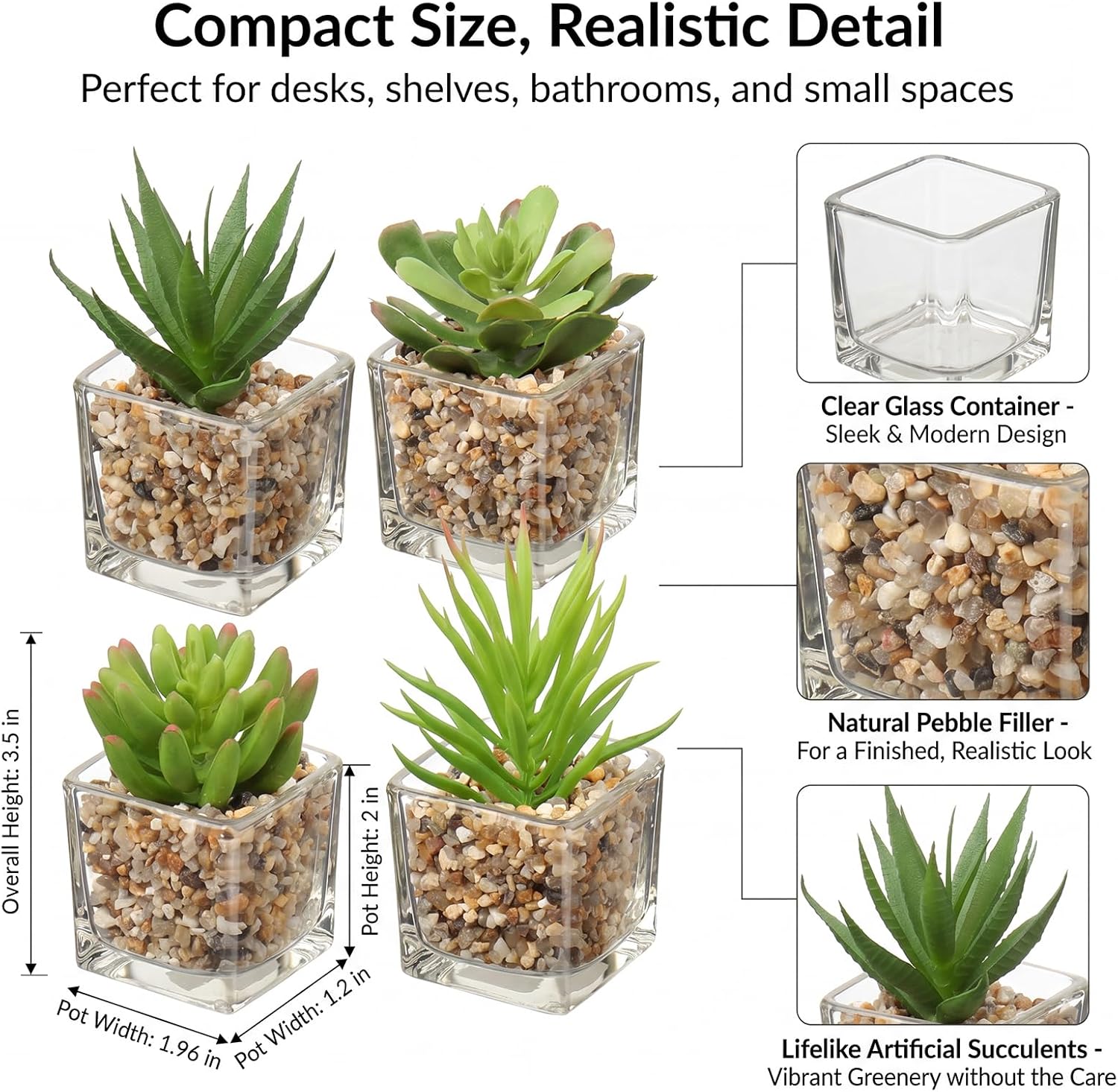 Succulents Plants Artificial in Glass Pots Small Fake Succulents / Succulents #03 / Clear / Set of 4