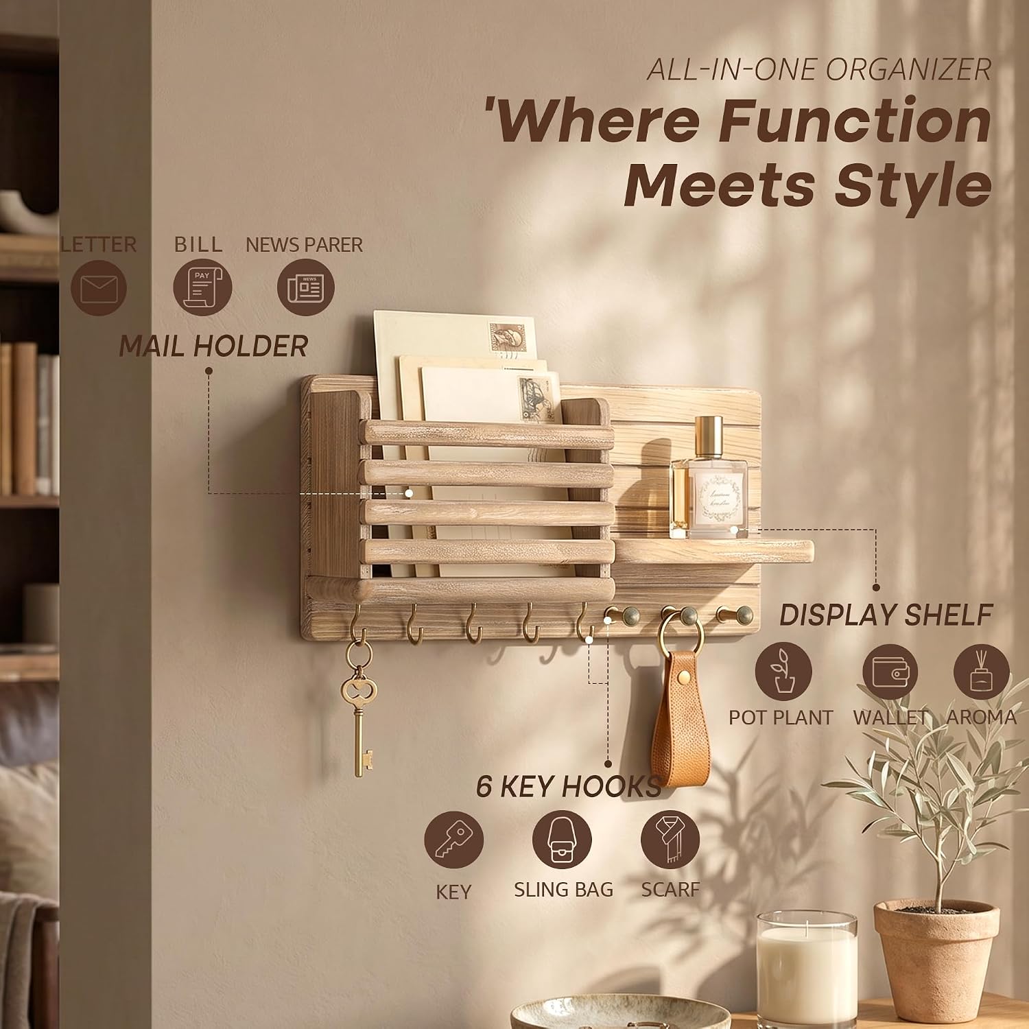 Pine Wood Key Holder Wall Mount / Natural Wood