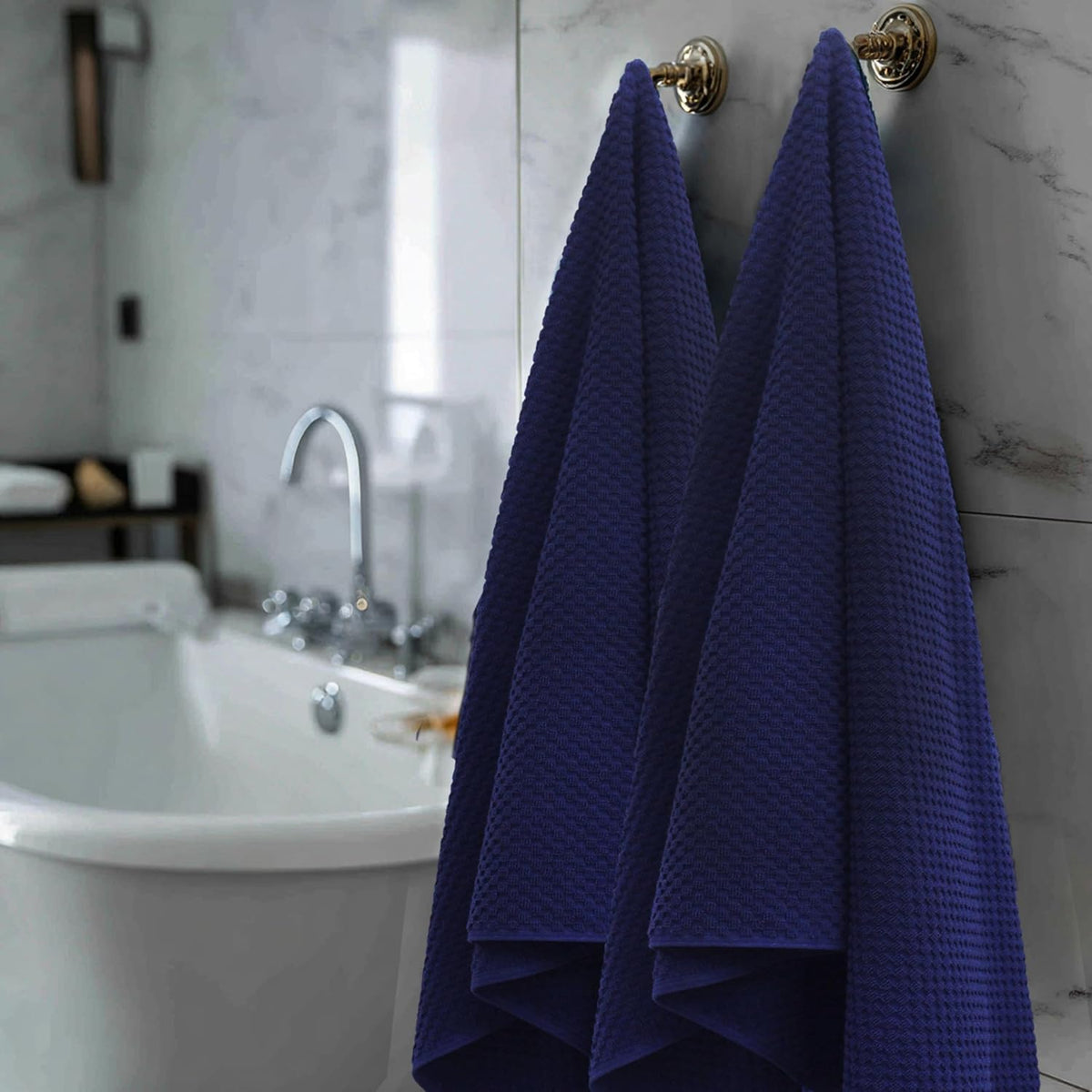COTTON CRAFT Euro Spa Waffle Weave Bath Towels - Set of 4 Navy Towels | Pure 100% Ringspun Cotton Oversized Luxurious