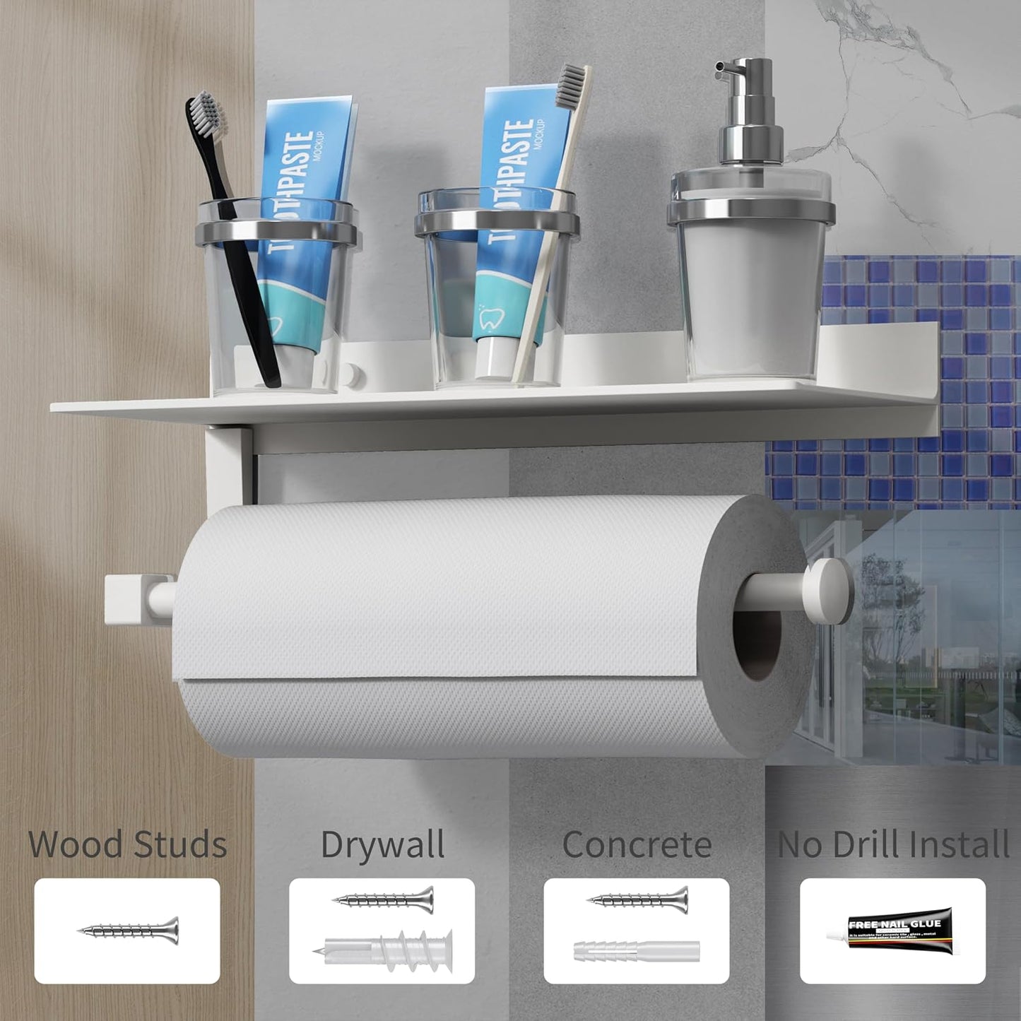 White Paper Towel Holder with Shelf Wall Mount, Adhesive Hand Towel Holder for Bathroom, Kitchen Towel Holder