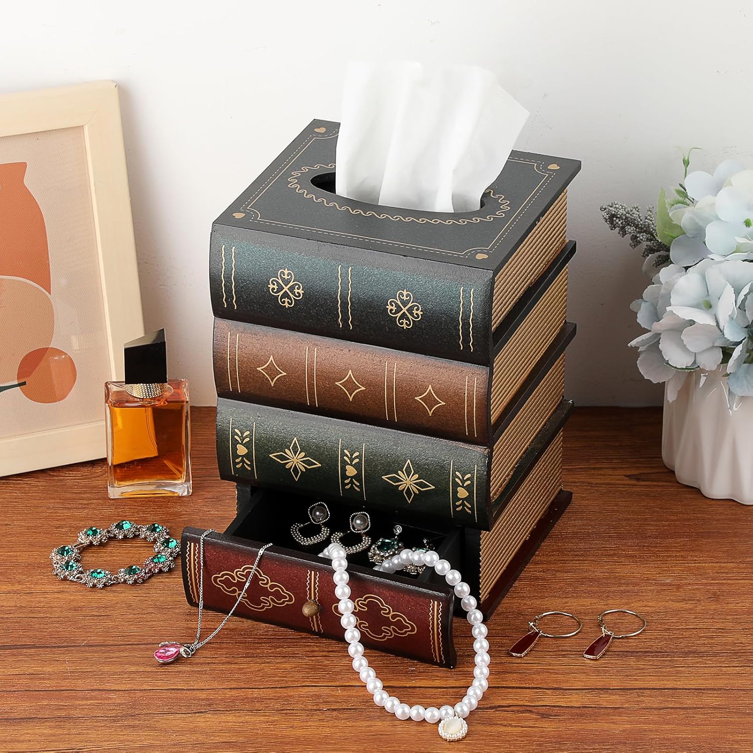 Antique Wooden Book Tissue Box Cover / Green Top