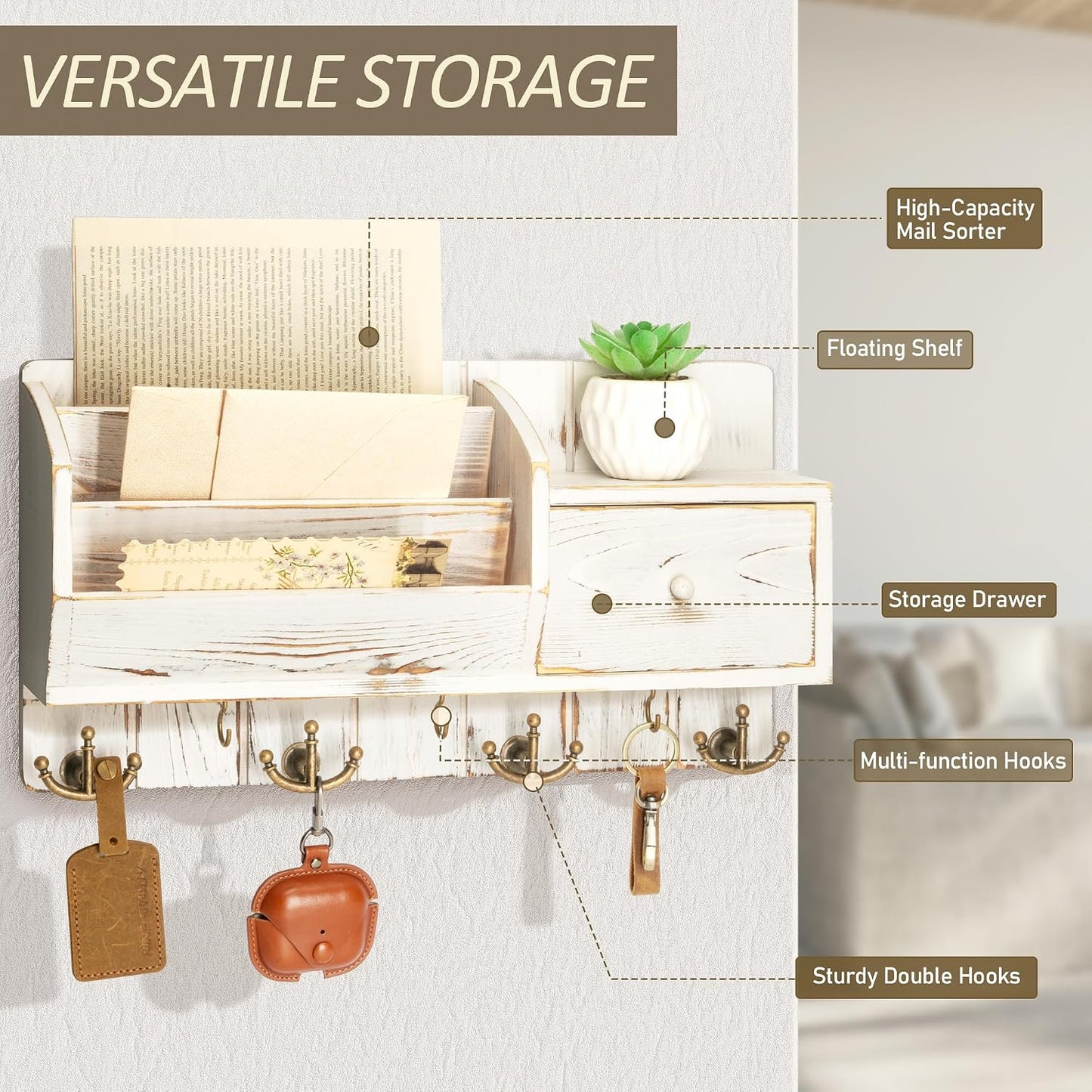 Farmhouse Mail and Key Organizer / Whitewash