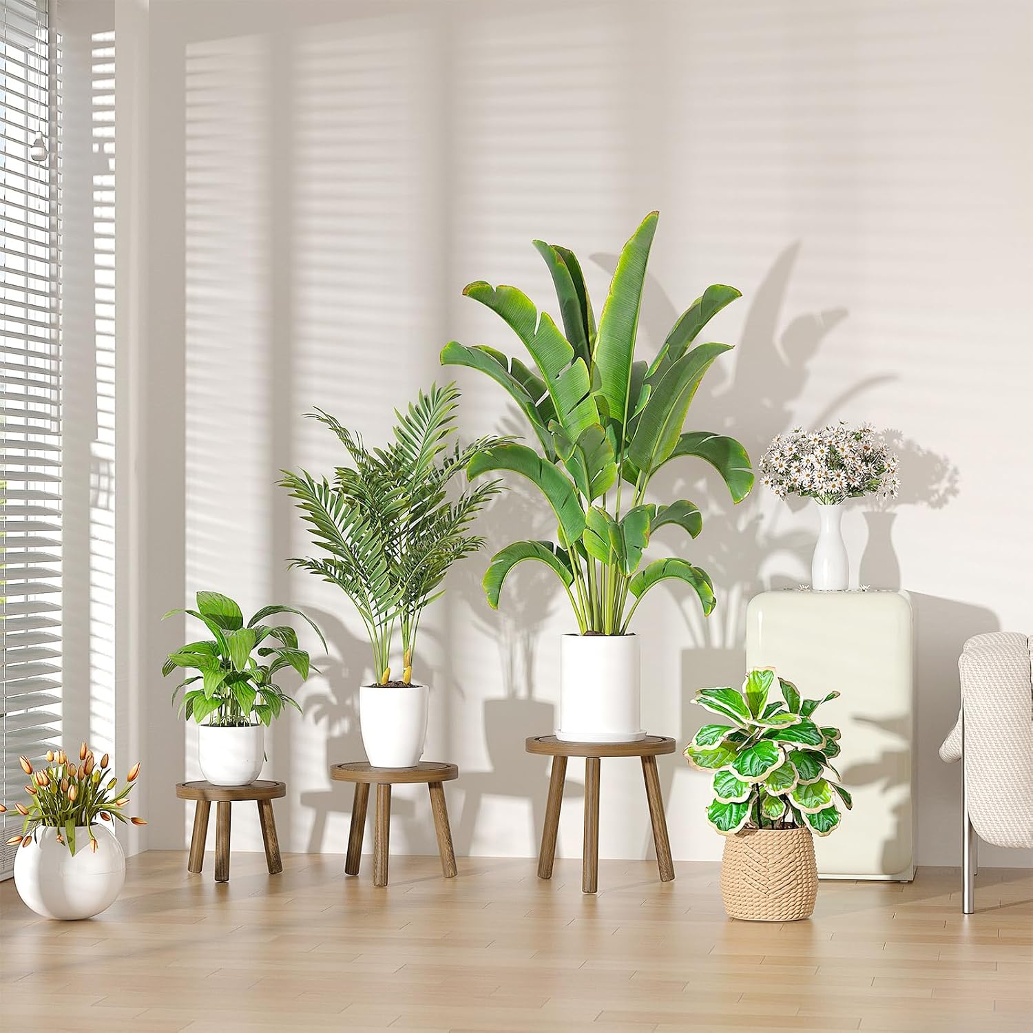 3-Pack Wood Plant Stands Indoor, Single Plant Stand for 6-12 Inch Pots, Mid-Century Modern Plant Stool, Tall Plant