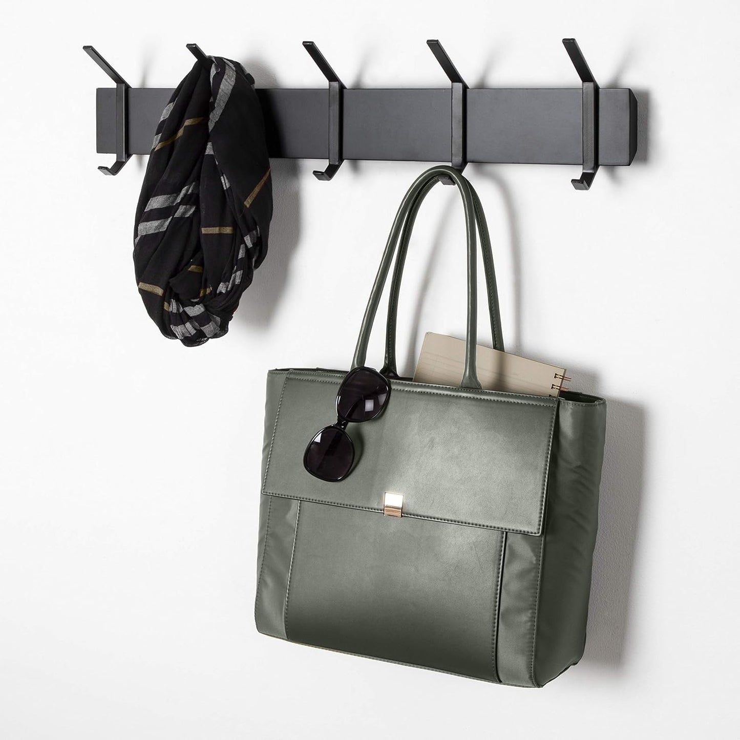 Kate and Laurel Rossmore Farmhouse 5-Hook Wall Hanging Coat Rack, Black, Modern Hanging Rack for Coats, Bags, Or Pots
