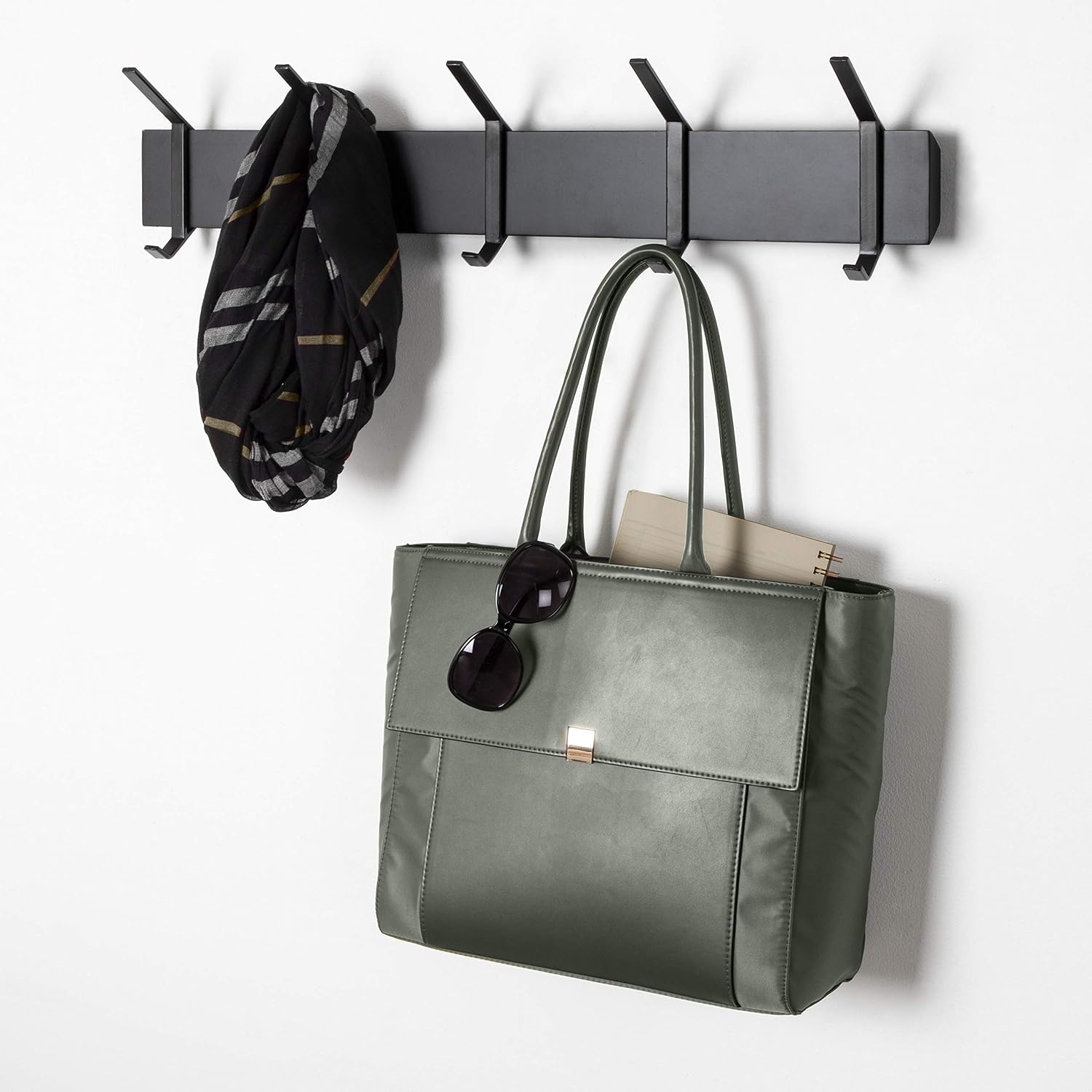 Kate and Laurel Rossmore Farmhouse 5-Hook Wall Hanging Coat Rack, Black, Modern Hanging Rack for Coats, Bags, Or Pots