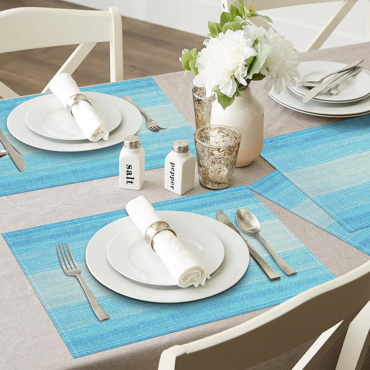 Blue Placemats Set of 8, 12x18 Inch Washable Easy to Clean Heat-Resistant Anti-Skid Table Mats for Holiday Party