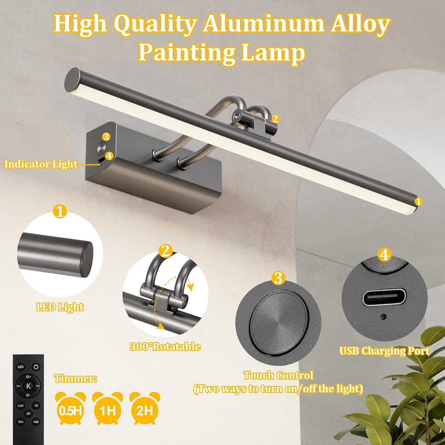 Battery Operated Picture Light for Wall, Grey, 13.8", Remote Control | 4000mAh Cordless,Grey Wall Light, Magnetic for
