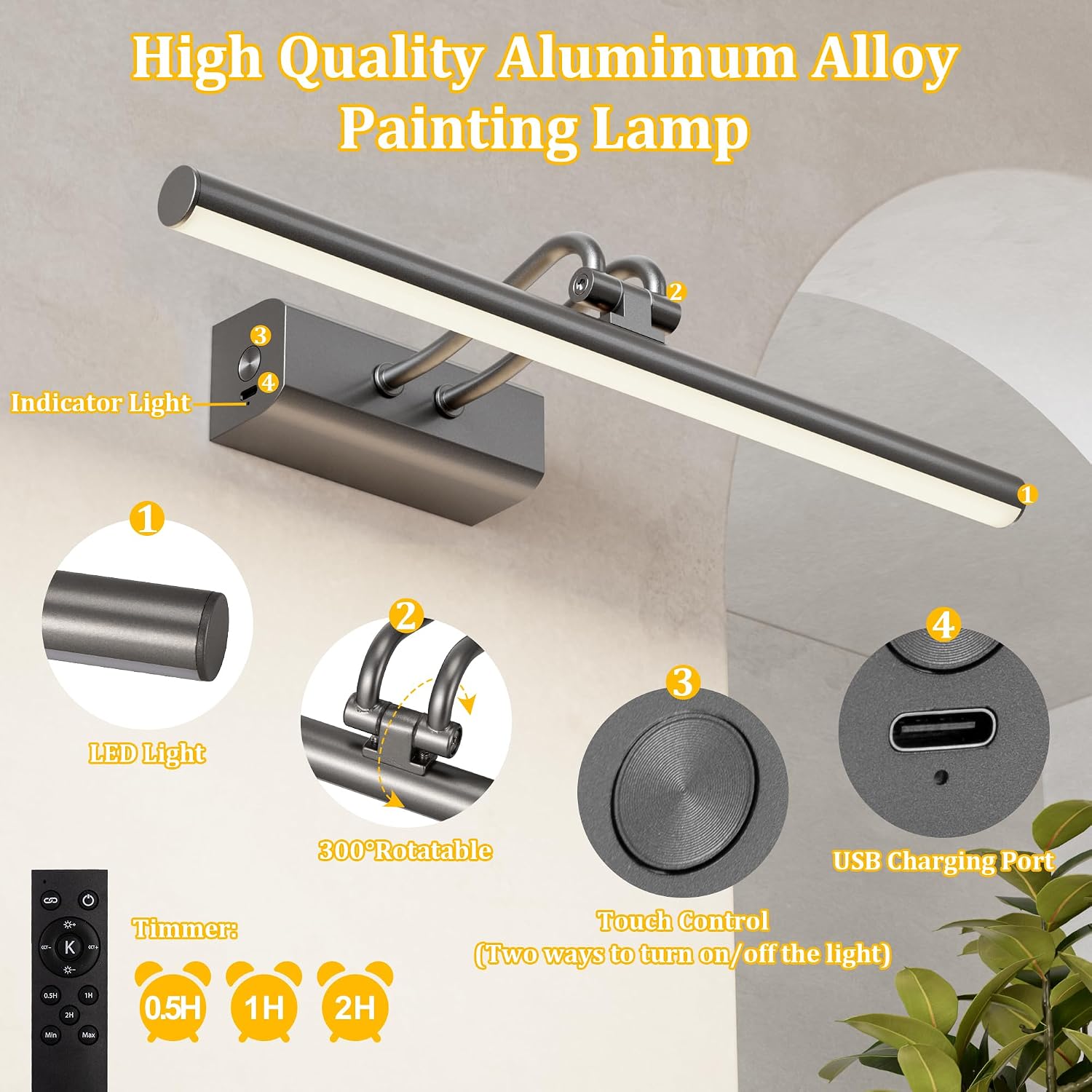 Battery Operated Picture Light for Wall, Grey, 13.8", Remote Control | 4000mAh Cordless,Grey Wall Light, Magnetic for