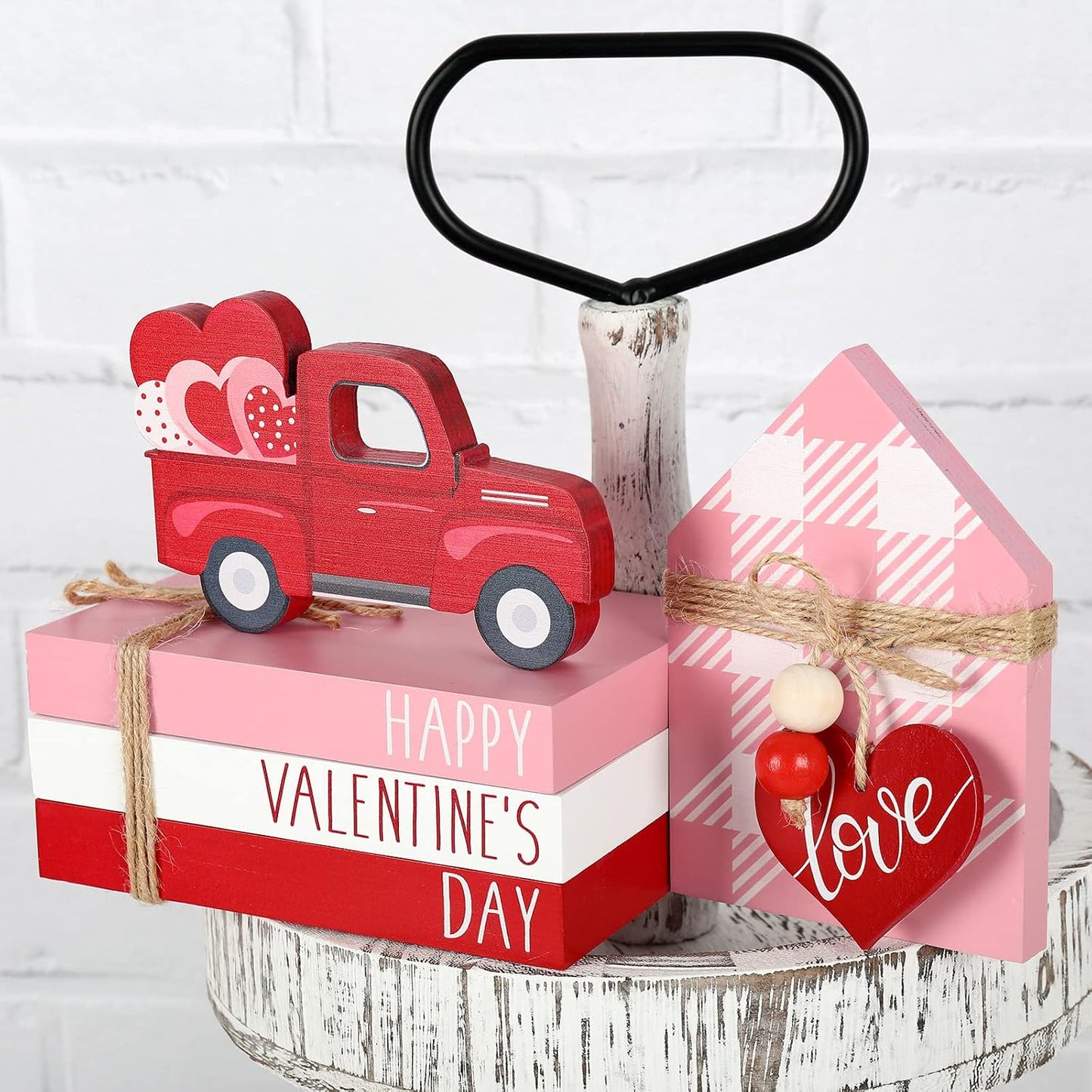 Valentine's Day Wooden Tiered Tray Decorative White Faux Stacked Books Wooden Block Sign / Pink