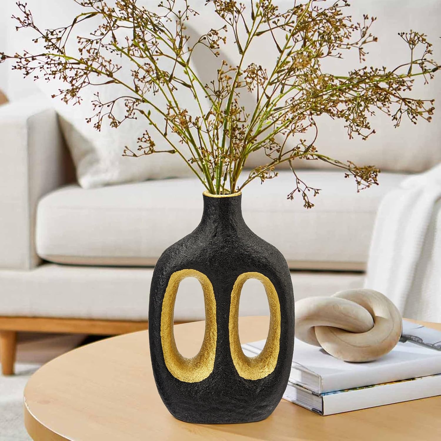 Modern Ceramic Vase Black Vases for Centerpieces Shelf / Double Hole / Black + Gold / 9.4 Inch