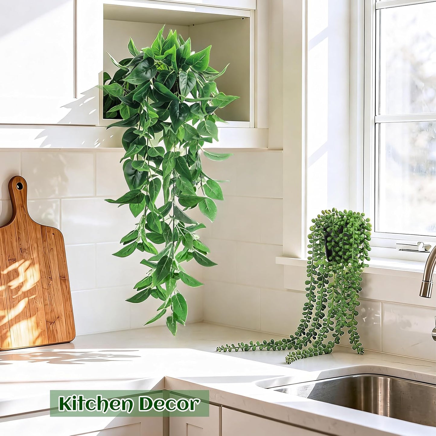 Fake Plants Hanging Artificial Ivy Vine Faux Eucalyptus Hanging / Black Pots- Green / Set of 4