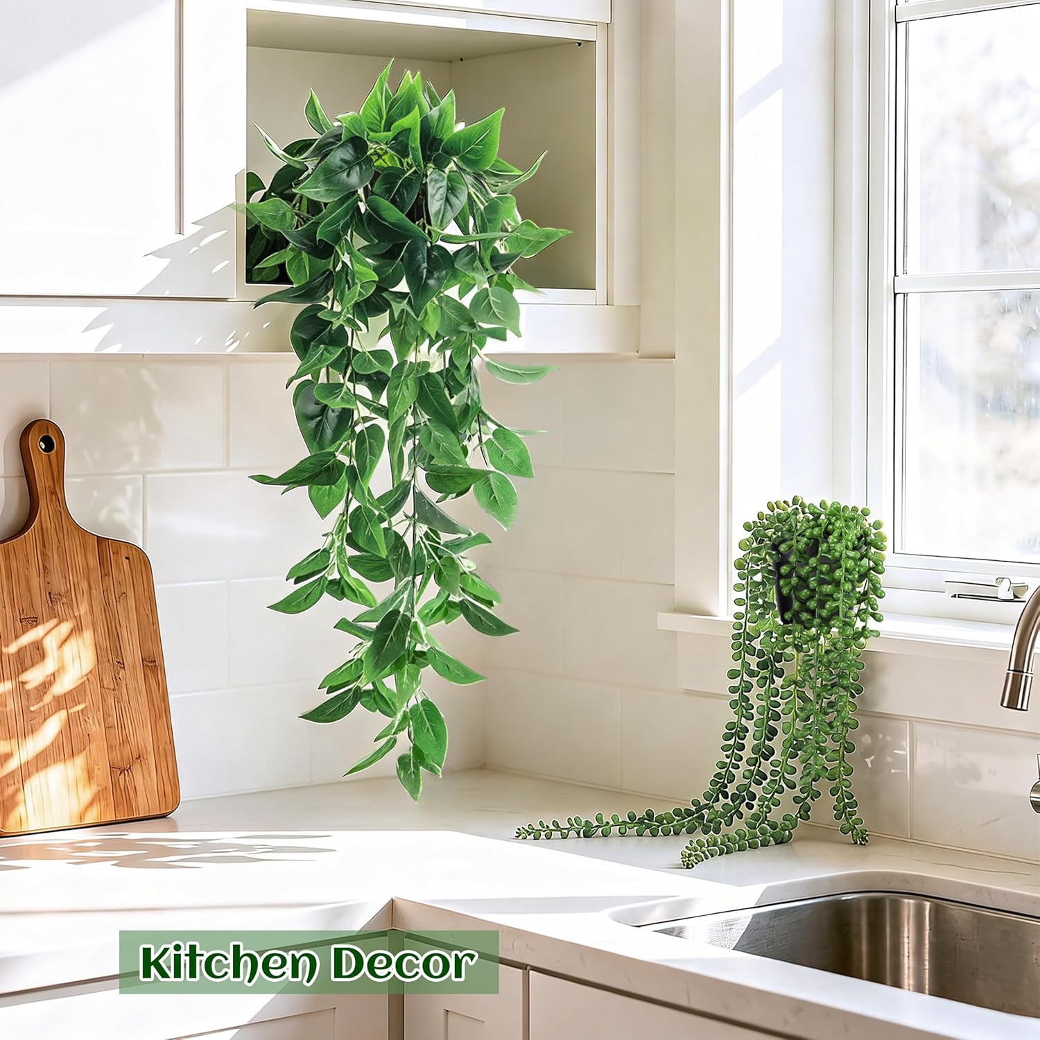 Fake Plants Hanging Artificial Ivy Vine Faux Eucalyptus Hanging / Black Pots- Green / Set of 4