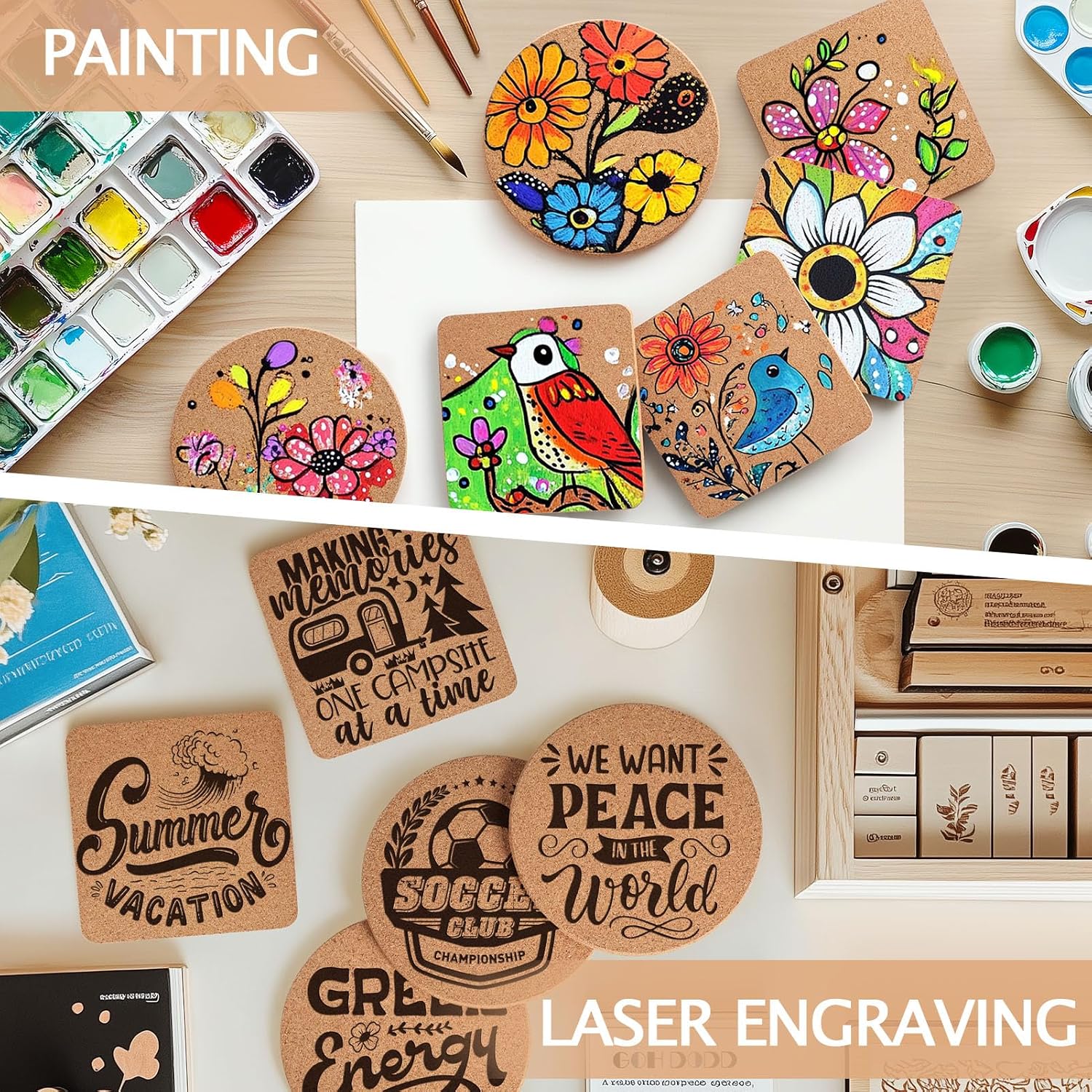 Cork Coasters for Laser Engraving / Square+round / Set of 100