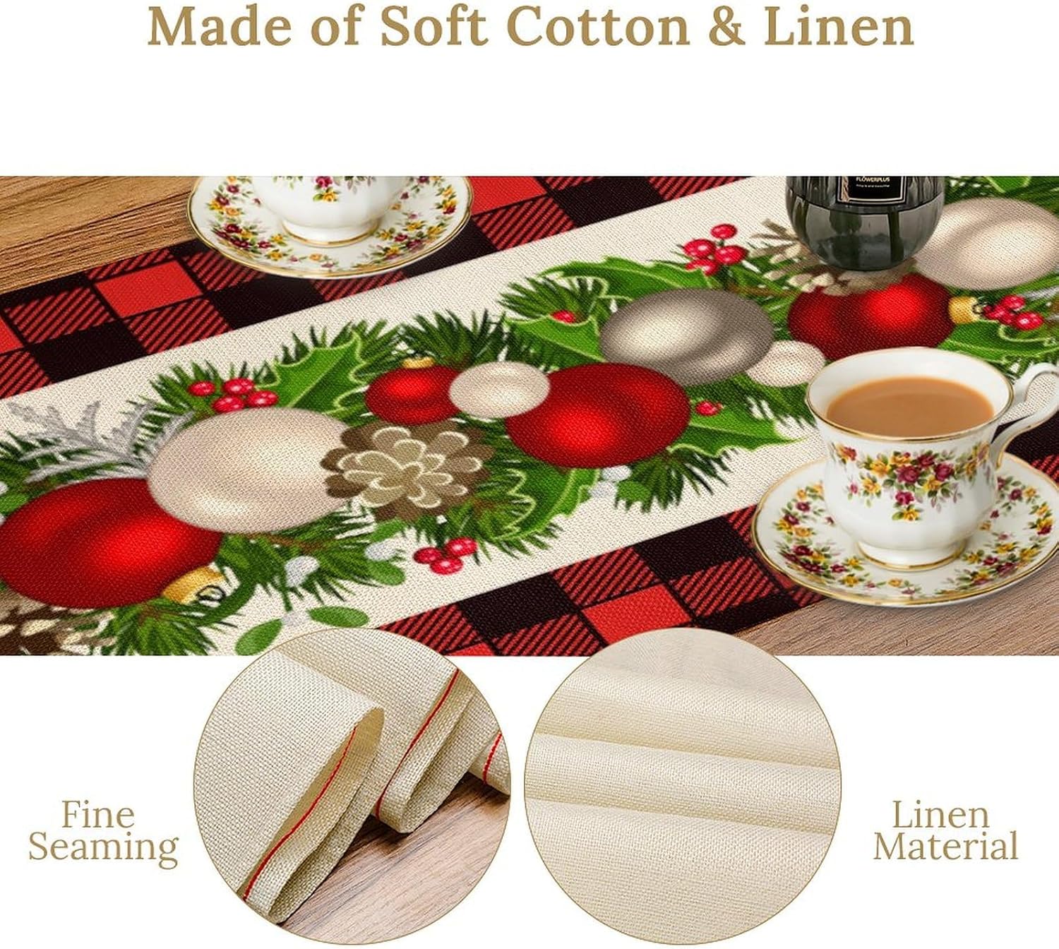 Christmas Linen Table Runner, Red and Black Buffalo Plaid Winter Xmas Holiday Farmhouse Style Patterns Printed Linen