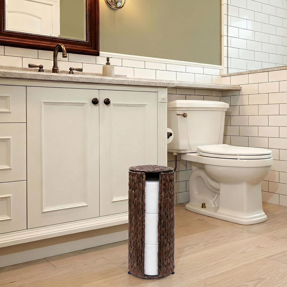 PINXIURY Water Hyacinth Paper Roll Holder, Wicker Toilet Paper Holder Stand for Bathroom, Toilet Roll Holder Stand for