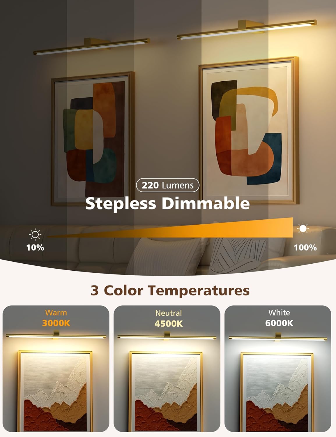 VOLISUN 23.6'' Picture Lights for Wall, 5000mAh Rechargable Picture Light Battery Operated, 3 Color Temperatures &