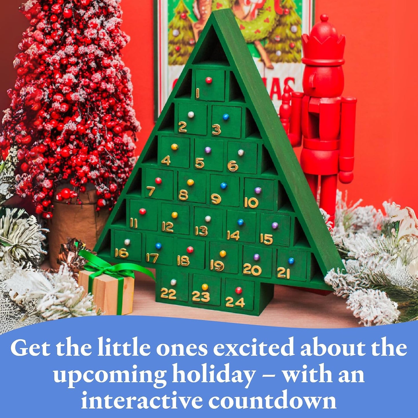 Christmas Tree Wooden Advent Calendar 15 x 13 Inch, Pack of 1 Christmas Advent Calendar With 24 Empty Drawers for DIY
