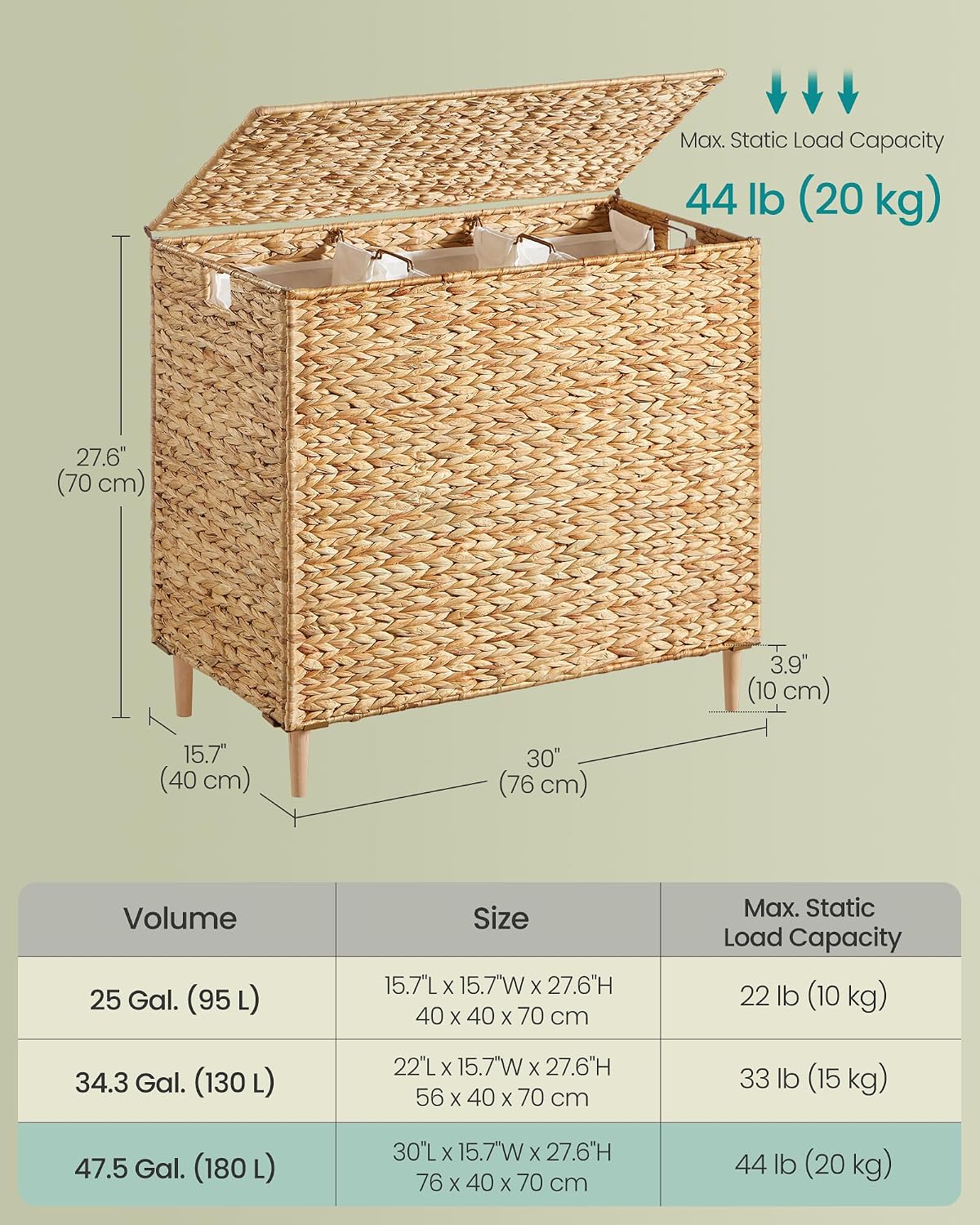 47.5 Gal. Handwoven Water Hyacinth Wicker Laundry Basket / 180 L / Natural