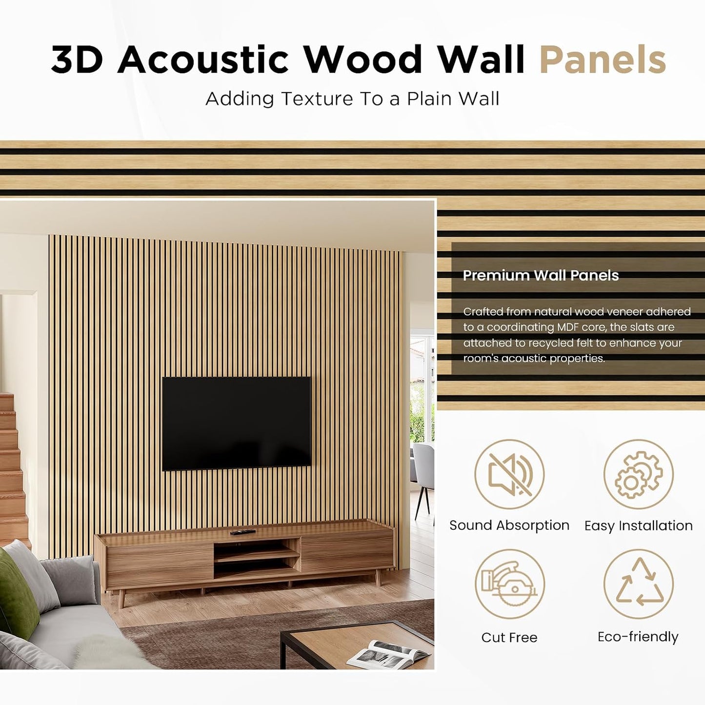 SMARTSTANDARD Wood Slat Acoustic Wall Panels 4 Pack 94"x12.6" White Oak | Noise Reducing and Sound Absorbing