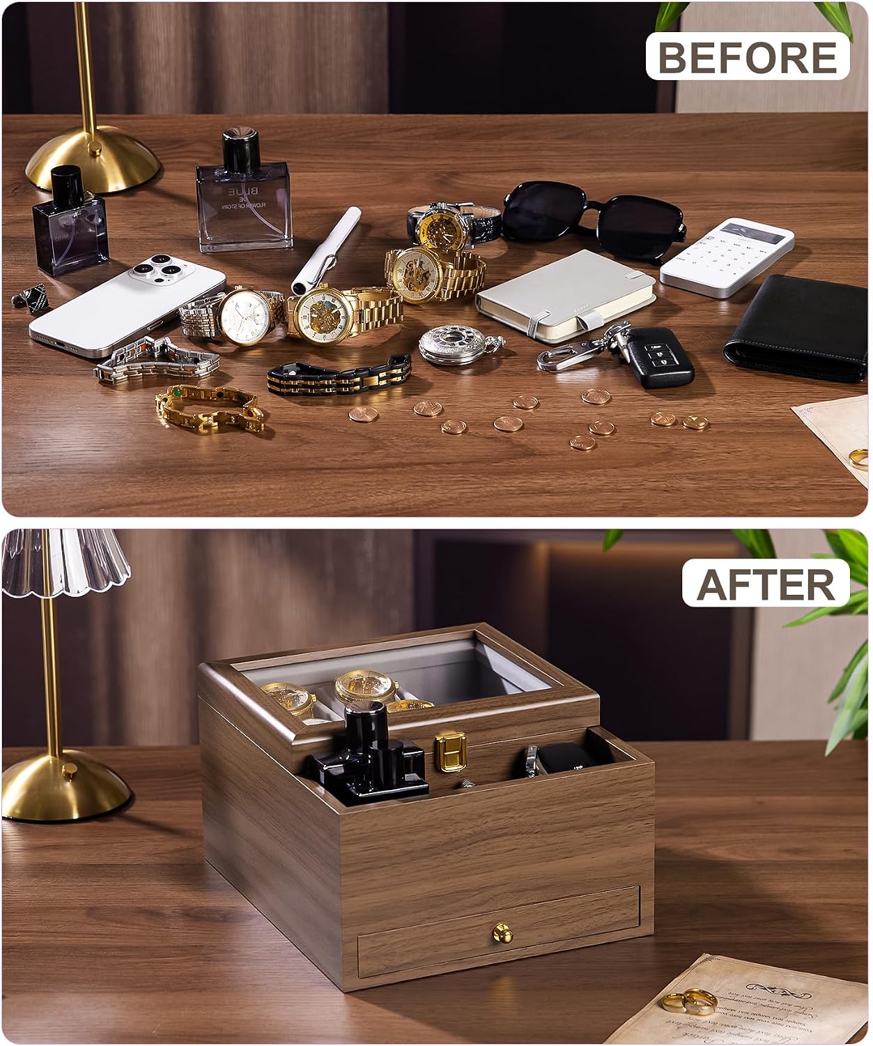 Homde Wooden Watch Box for Men: 3-Layer Organizer with 4 Watch Pillow | 4 Watch Pillows and 2 Drawers for Jewelry and