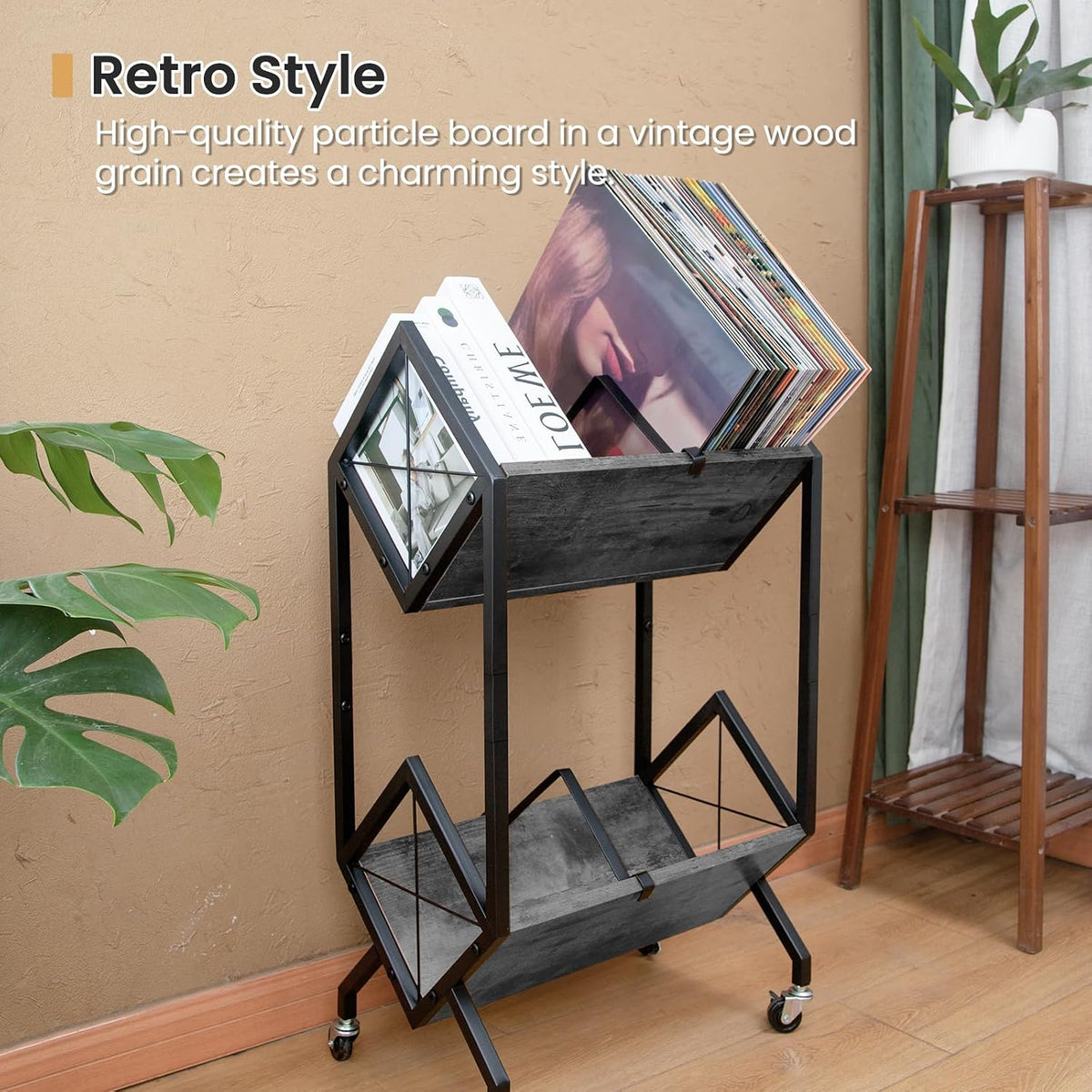 SwaaVee Vinyl Record Storage Holder with Wheels, 2-Tier Record Holder 160-200 LP with Dividers, Retro Style Quick