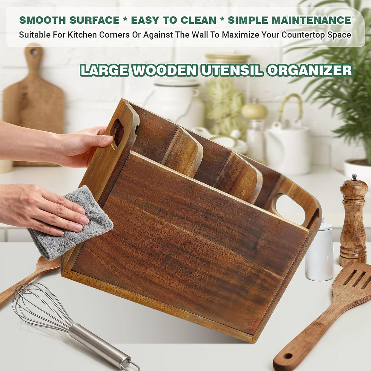 Kitchen Utensil Holder for Countertop with 3 Compartments，Acacia Wood Utensil Holder Cooking Spatula Organizer Large