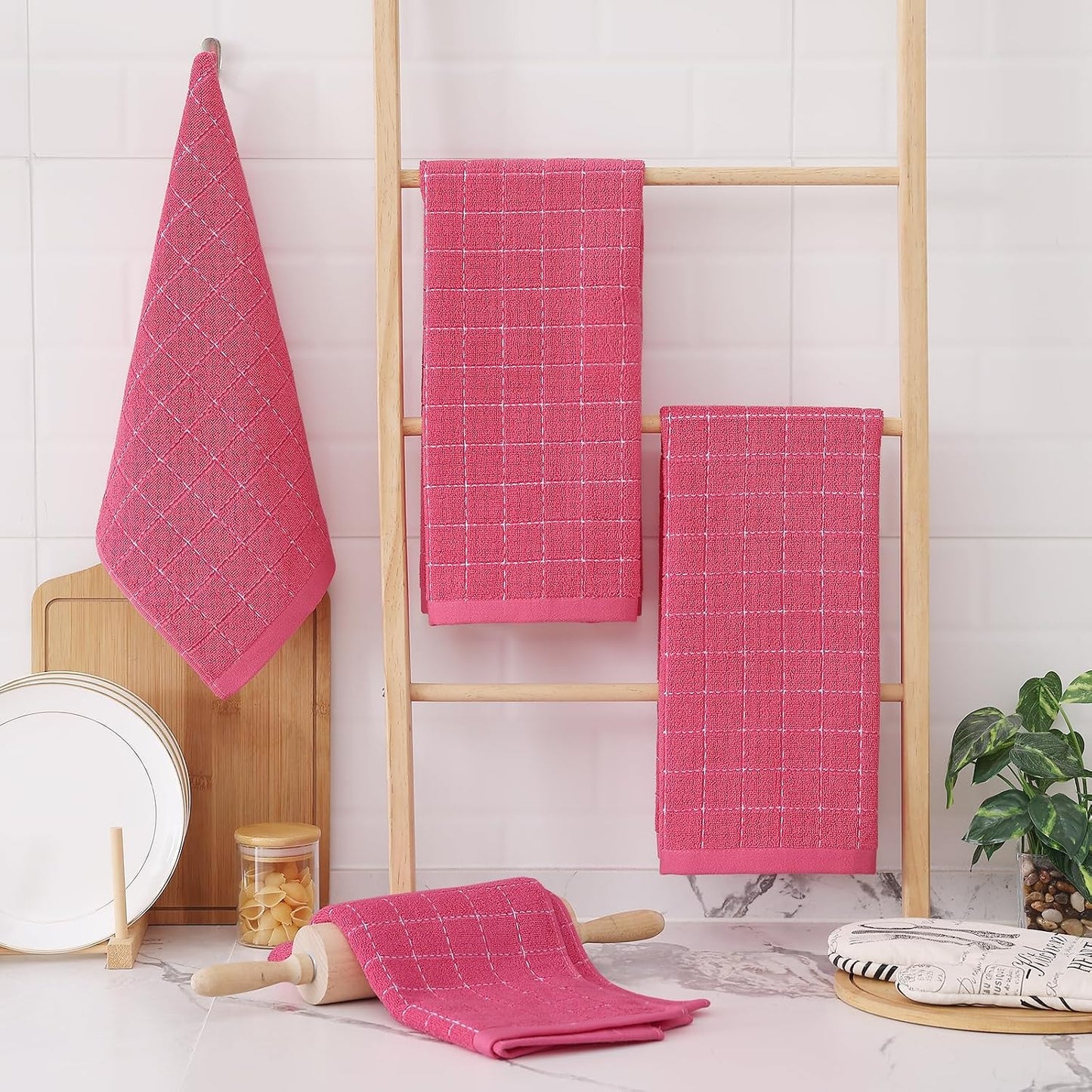 Homaxy 100% Cotton Terry Kitchen Towels, 8 Pack, Rose Red | Ultra Soft and Absorbent Dish Towels for Kitchen, Suitable