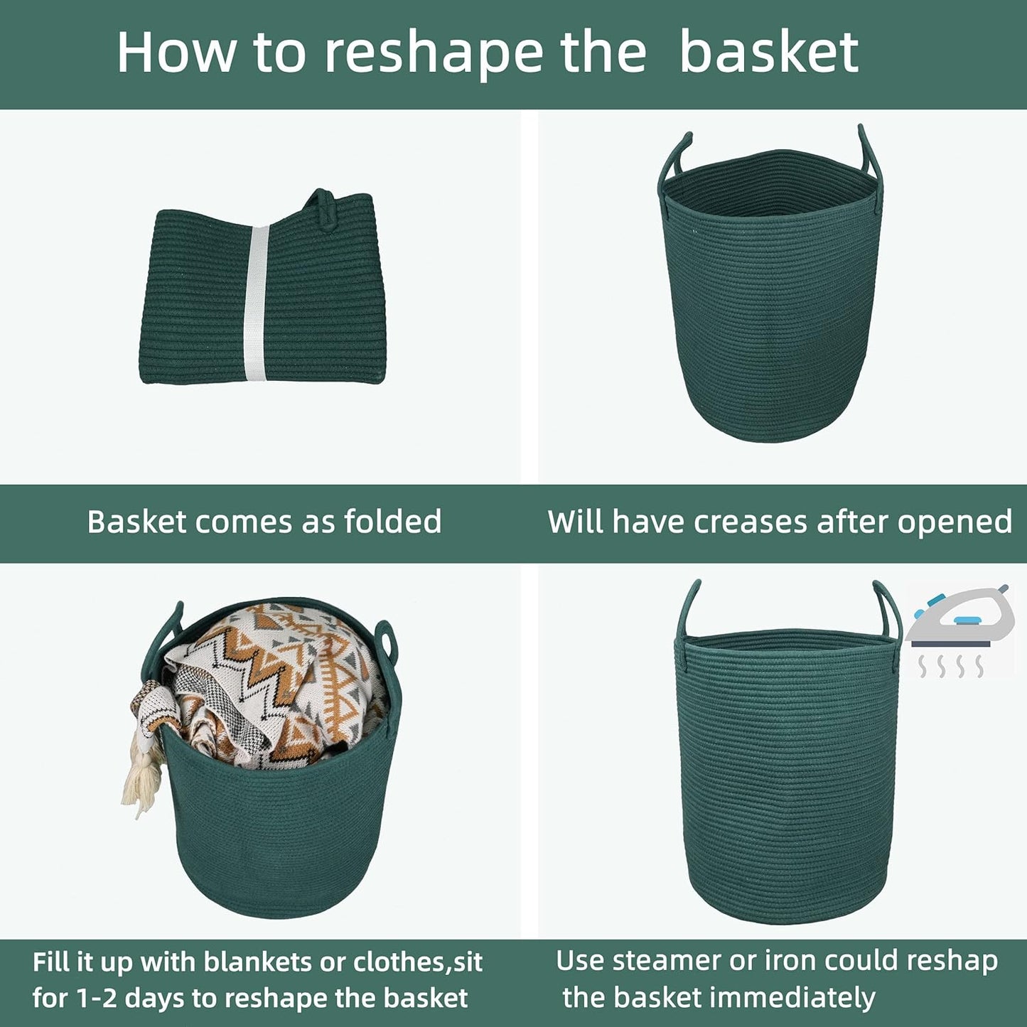 Cotton Rope Laundry Basket Hamper for Clothes Woven Storage Basket / Large / Dark Green