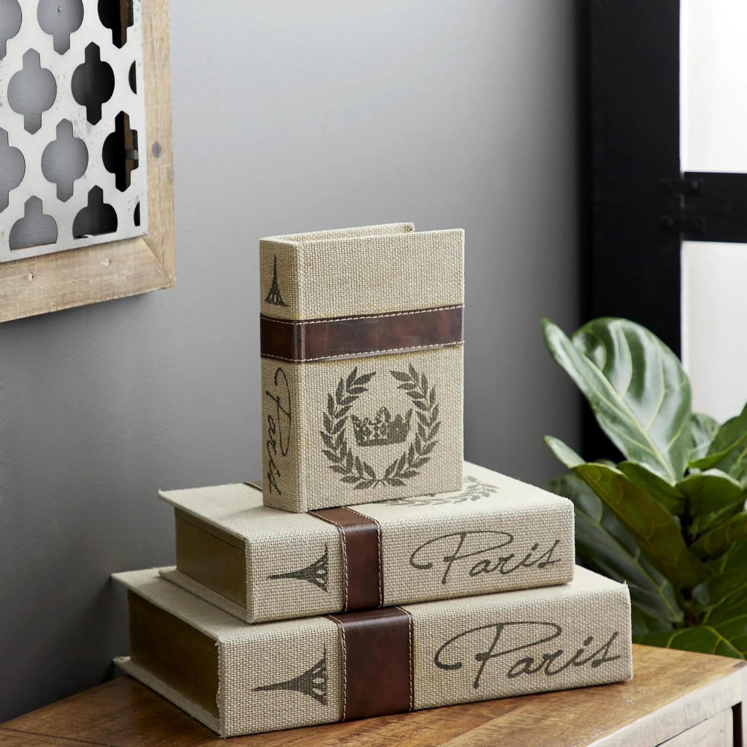 Modern Faux Linen & Wood Hidden Storage Boxes / Set of 3